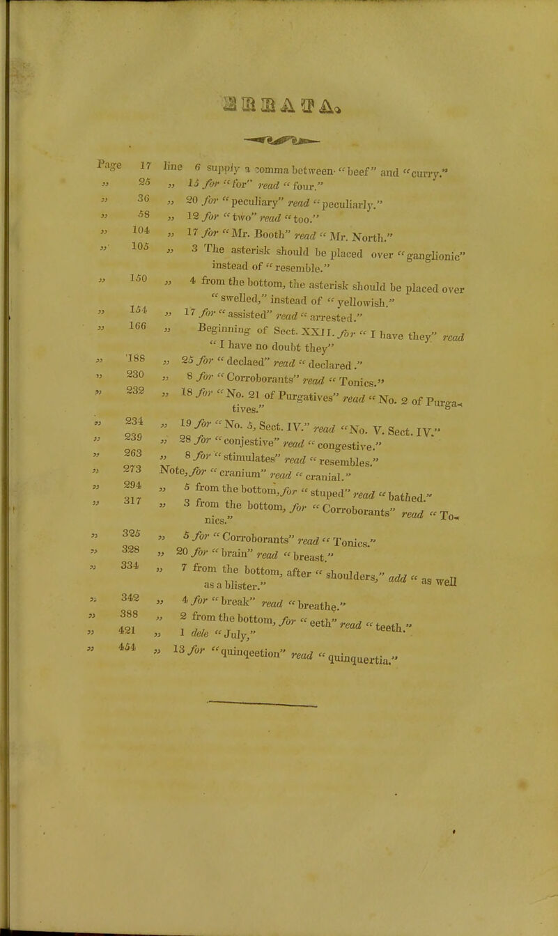 Page 17 line 6 supply a ?ommabetween-beef and curry.** « 25 „ IS for for read four. 36 „ 20 /or peculiary'' read peculiarly. » 58 « 12/or two read too. 104 „ 17/or Mr. Booth read Mr. North. !05 „ 3 The asterisk should be placed over ganglionic instead of resemble. » 150^4, from the bottom, the asterisk should be placed over  swelled, instead of  yellowish. 154 „ 17 for assisted reaoJ  arrested. « 166 „ Beginning; of Sect. XXII. for « I W they read  I have no doubt they 188 „ 25 for decked read declared. 230 „ 8 for  Corroborants read  Tonics. 18 for No. 21 of Purgatives read  No. 2 of Pur„a« tives. ° 19 for « No. 5) Sect. IV. read No. V. Sect IV  28 for conjestive read « congestive. 263 8 /or « stimulates read « resembles. 273 Note,/or - cranium rearf « cranial  I ^ T°mJb>'  StUped read  b^ed. 3 W the bottom,/or Corroborants mrf « To„ 325 „ 5 /«,• « Corroborants rmd » Tonics  328 „ 20 for brain ma* « breast  4/or break ,-m{* breathe. D W W )) 33 232 234 239 294 317 342 388