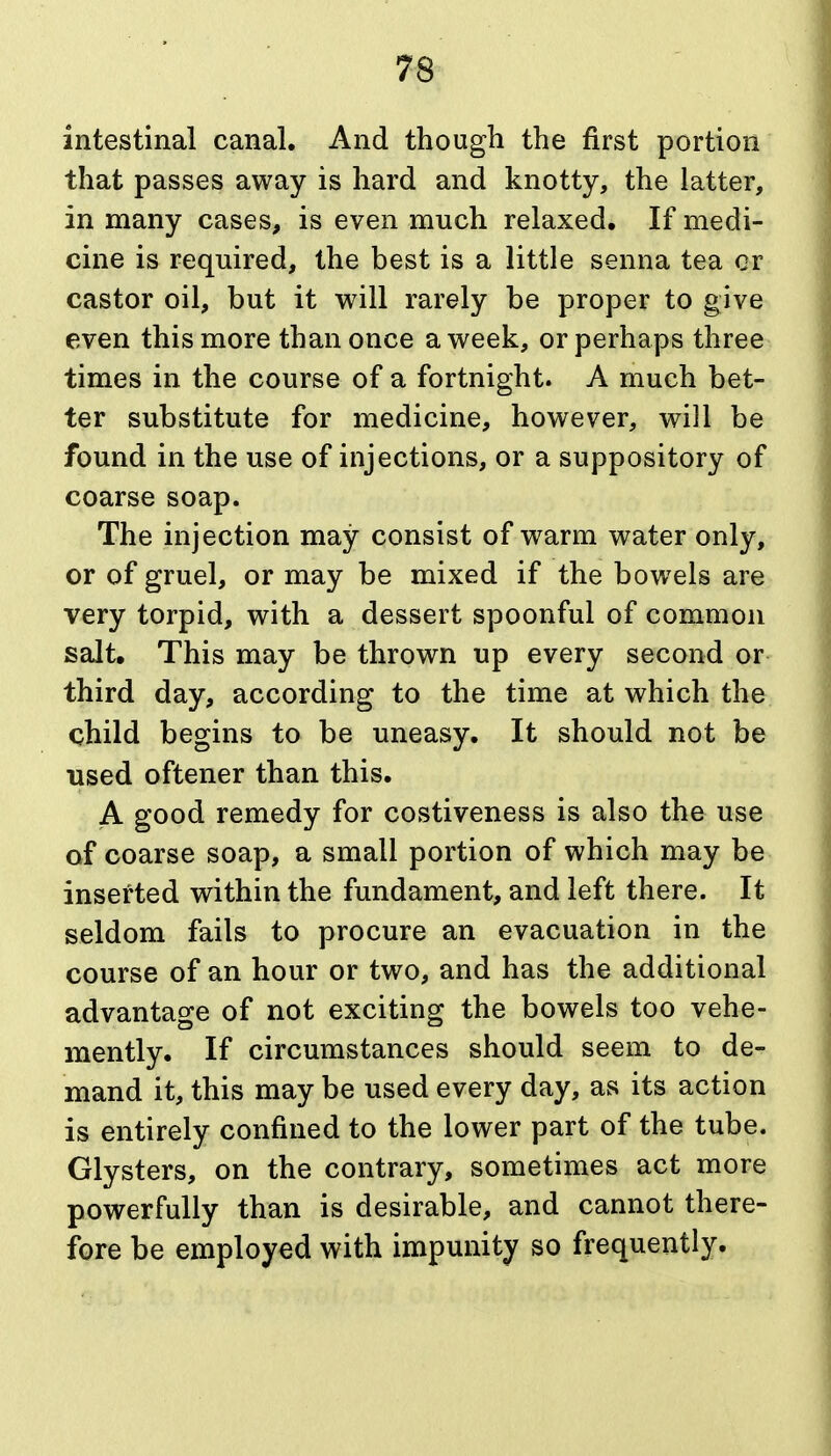 intestinal canal. And though the first portion that passes away is hard and knotty, the latter, in many cases, is even much relaxed. If medi- cine is required, the best is a little senna tea cr castor oil, but it will rarely be proper to give even this more than once a week, or perhaps three times in the course of a fortnight. A much bet- ter substitute for medicine, however, will be found in the use of injections, or a suppository of coarse soap. The injection may consist of warm water only, or of gruel, or may be mixed if the bowels are very torpid, with a dessert spoonful of common salt. This may be thrown up every second or third day, according to the time at which the child begins to be uneasy. It should not be used oftener than this. A good remedy for costiveness is also the use of coarse soap, a small portion of which may be inserted within the fundament, and left there. It seldom fails to procure an evacuation in the course of an hour or two, and has the additional advantage of not exciting the bowels too vehe- mently. If circumstances should seem to de- mand it, this may be used every day, as its action is entirely confined to the lower part of the tube. Clysters, on the contrary, sometimes act more powerfully than is desirable, and cannot there- fore be employed with impunity so frequently.
