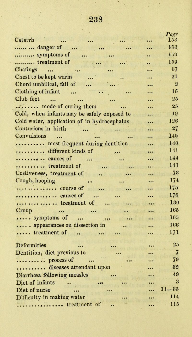 Catarrh ... ... 158 danger of ... ... ... ... 158 symptoms of ... ... ... 159 treatment of ... ... .. loU Chafings ... ... ... ... (*7 Chest to be kept warm ... .. ... 21 Chord umbilical, fall of ... ... ... 2 Clothing of mfant ... .. ... ... 16 Club feet ... ... ... ... 25 ^, mode of curing them ... ... 25 Cold, M^hen infants may be safely exposed to ... 19 Cold water, application of in hydrocephalus ... 126 Contusions in birth ... ... ... 27 Convulsions ... ... ... ... 110 most frequent during dentition ... 140 different kinds of ... ... 141 causes of ... ... ... 144 treatment oF ... 143 Costiveness, treatment of .. ... ... 7^ Cough, hooping ... ... 174 course of ... ... ... 175 causes of ... ... ... 176 treatment of ... ... ... 180 Croup ... ... .. ... 165 symptoms of ... ... ... ... 1C5 appearances on dissection in .. ... 166 treatment of .. ... 171 Deformities ... ... ... 25 Dentition, diet previous to ... ... 7 process of ... ... ... 79 diseases attendant upon ... 82 Diarrhoea following measles ... ... 49 Diet of infants .. ... ... 3 Diet of nurse ... ... ... 11—85 Difficulty in making water ... ... 114 treatment of .. ... 115