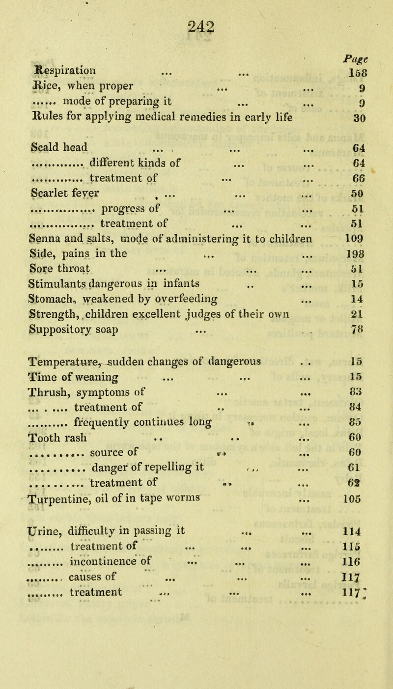 Page Respiration ... ... 158 Jlice, when proper ... ... 9 mode of preparing it ... ... 9 Rules for applying medical remedies in early life 30 3cald head ... . ... ... 64 diflPerent kinds of ... ... 64 treatment of ... ... 66 Scarlet fever , ... ... ... 50 progress of ... ... 51 treatment of ... ... 51 Senna and salts, mode of administering it to children 109 Side, pains in the ... ... 198 Sore throat ... ... ... 61 Stimulants dangerous in infants .. ... 15 Stomach, weakened by overfeeding ... 14 Strength, children excellent judges of their own 21 Suppository soap ... . . Temperature, sudden changes of dangerous .. 15 Time of weaning ... ... ... 15 Thrush, symptoms of ... ... 83 treatment of .. ... 84 frequently continues long ?. ... 85 Tooth rash .. ... 60 source of «r. ... 60 danger of repelling it ... 61 treatment of «. ... 62 Turpentine, oil of in tape worms ... 105 Urine, difficulty in passing it ... ... 114 treatment of ... ... ... 115 incontinence of ... ... ... 116 , causes of ... ... ... I17 treatment ... ... II7;