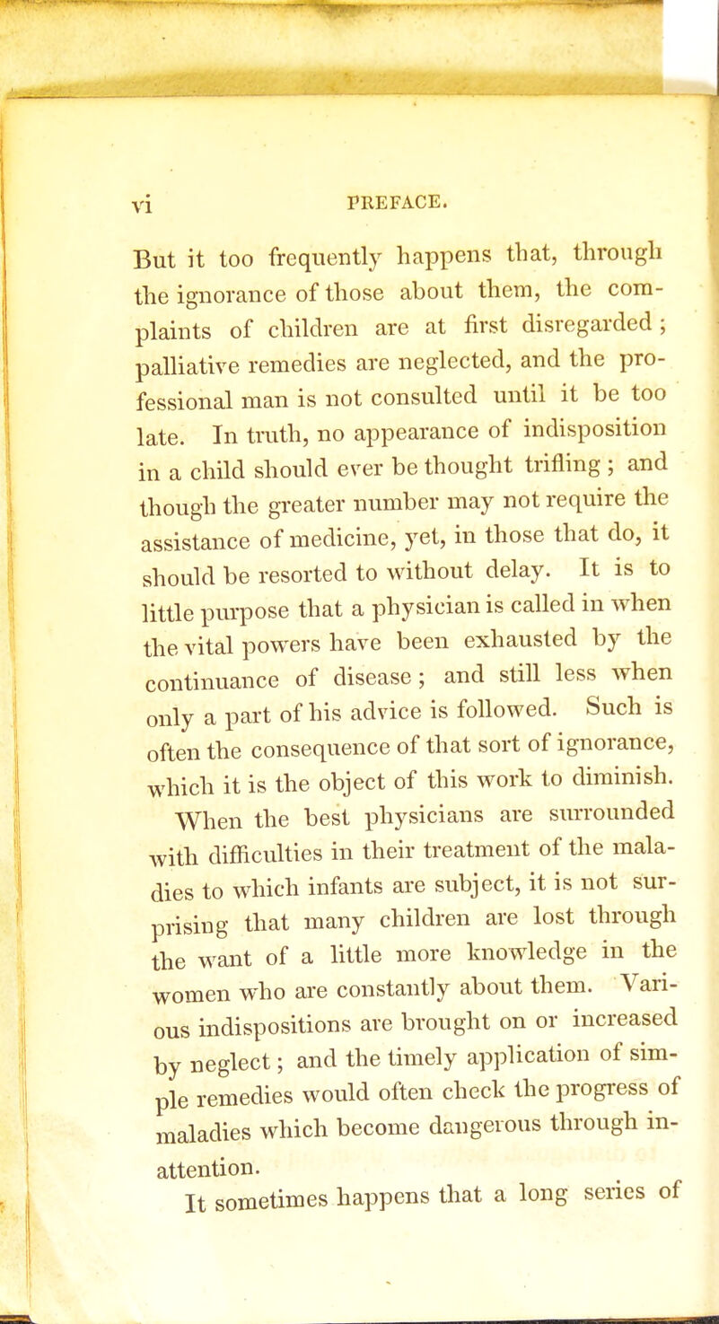 But it too frequently happens that, through the ignorance of those about them, the com- plaints of children are at first disregarded; palliative remedies are neglected, and the pro- fessional man is not consulted until it be too late. In truth, no appearance of indisposition in a child should ever be thought trifling ; and though the greater number may not require the assistance of medicine, yet, in those that do, it should be resorted to without delay. It is to little purpose that a physician is called in when the vital powers have been exhausted by the continuance of disease; and still less when only a part of his advice is followed. Such is often the consequence of that sort of ignorance, which it is the object of this work to diminish. When the best physicians are surrounded with difficulties in their treatment of the mala- dies to which infants are subject, it is not sur- prising that many children are lost through the want of a little more knowledge in the women who are constantly about them. Vari- ous indispositions are brought on or increased by neglect; and the timely application of sim- ple remedies would often check the progress of maladies which become dangerous through in- attention. It sometimes happens that a long series of