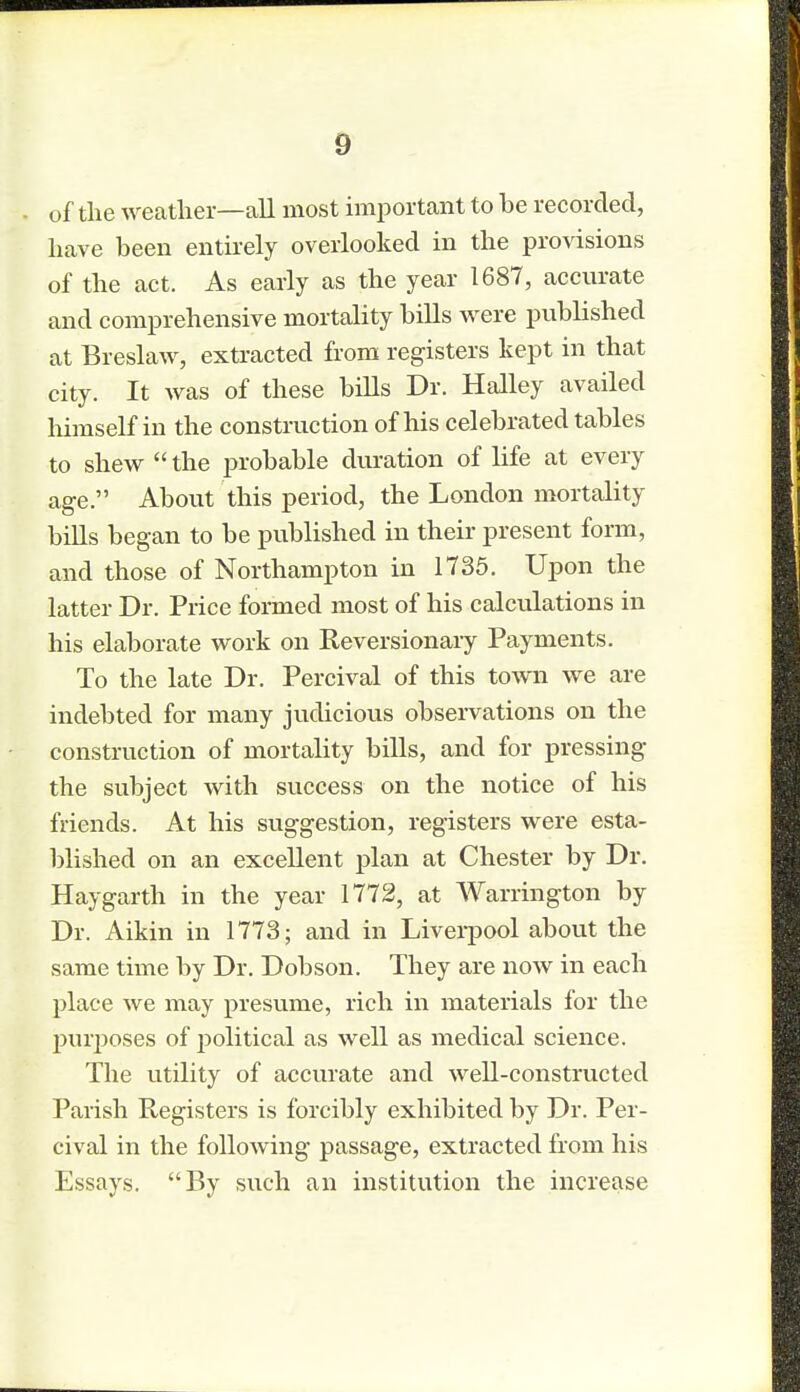 of the weather—all most important to be recorded, have been entirely overlooked in the provisions of the act. As early as the year 1687, accurate and comprehensive mortality bills were published at Breslaw, extracted from registers kept in that city. It was of these bills Dr. Halley availed himself in the construction of his celebrated tables to shew  the probable duration of life at every age. About this period, the London mortality bills began to be published in their present form, and those of Northampton in 1735. Upon the latter Dr. Price formed most of his calculations in his elaborate work on Reversionary Payments. To the late Dr. Percival of this town we are indebted for many judicious observations on the construction of mortality bills, and for pressing the subject with success on the notice of his friends. At his suggestion, registers were esta- blished on an excellent plan at Chester by Dr. Hay garth in the year 1772, at Warrington by Dr. Aikin in 1773; and in Liverpool about the same time by Dr. Dob son. They are now in each place we may presume, rich in materials for the purposes of jwlitical as well as medical science. The utility of accurate and well-constructed Parish Registers is forcibly exhibited by Dr. Per- cival in the following passage, extracted from his Essays. By such an institution the increase