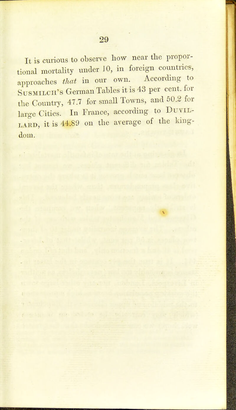 It is curious to observe how near the propor- tional mortality under JO, in foreign countries, approaches that in our own. According to Susmilcii's German Tables it is 43 per cent, for the Country, 47.7 for small Towns, and 50.2 for large Cities. In France, according to Duvil- lard, it is 44.89 on the average of the king- dom.