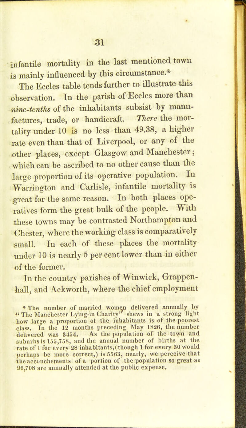 infantile mortality in the last mentioned town is mainly influenced by this circumstance * The Eccles table tends further to illustrate this observation. In the parish of Eccles more than nine-tenths of the inhabitants subsist by manu- factures, trade, or handicraft. Tliere the mor- tality under 10 is no less than 49.38, a higher rate even than that of Liverpool, or any of the other places, except Glasgow and Manchester; which can be ascribed to no other cause than the large proportion of its operative population. In Warrington and Carlisle, infantile mortality is great for the same reason. In both places ope- ratives form the great bulk of the people. With these towns may be contrasted Northampton and Chester, where the working class is comparatively small. In each of these places the mortality under 10 is nearly 5 per cent lower than in either of the former. In the country parishes of Winwick, Grappen- hall, and Ackworth, where the chief employment * The number of married women delivered annually by 11 The Manchester Lying-in Charity' shews in a strong light how large a proportion ot the inhabitants is of the poorest class. In the 12 months preceding May 1826, the number delivered was 3454. As the population of the town and suburbs is 155,758, and the annual number of births at the rate of 1 for every 28 inhabitants,(though 1 for every 30 would perhaps be more correct,) is 5563, nearly, we perceive that theaccouchements of a portion of the population so great as 90,708 are annually attended at the public expense.