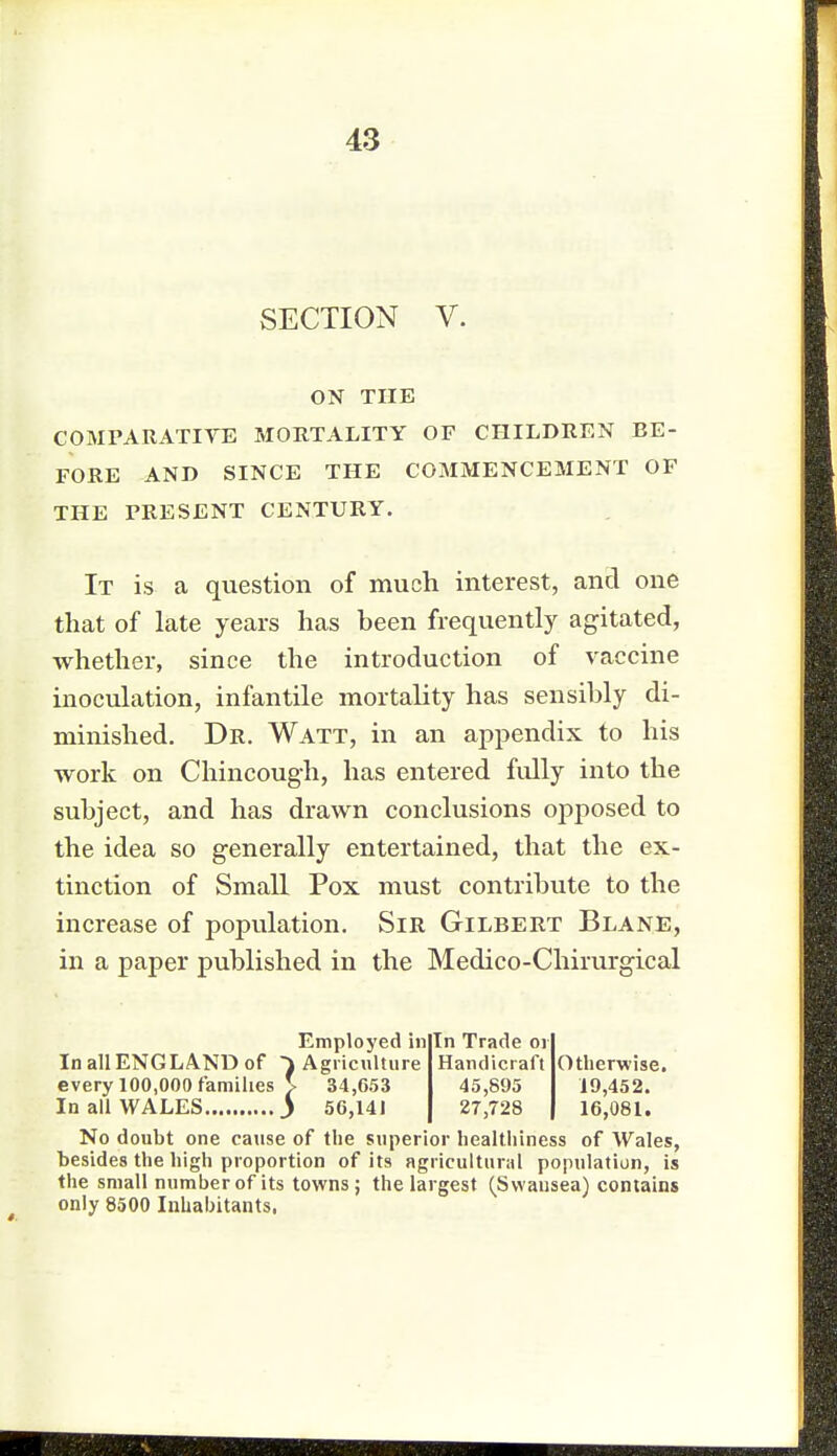 SECTION V. ON THE COMPARATIVE MORTALITY OF CHILDREN EE- FORE AND SINCE THE COMMENCEMENT OF THE PRESENT CENTURY. It is a question of much interest, and one that of late years has been frequently agitated, whether, since the introduction of vaccine inoculation, infantile mortality has sensibly di- minished. Dr. Watt, in an appendix to his work on Chincough, has entered fully into the subject, and has drawn conclusions opposed to the idea so generally entertained, that the ex- tinction of Small Pox must contribute to the increase of population. Sir Gilbert Blane, in a paper published in the Medico-Chirurgical Employed in In Trade 01 In all ENGLAND of ) Agriculture Handicraft Otherwise, every 100,000 families V 34,653 45,895 19,452. In all WALES ) 56,141 27,728 16,081. No doubt one cause of the superior healthiness of Wales, besides the high proportion of its agricultural population, is the small number of its towns; the largest (Swansea) contains only 8500 Inhabitants.