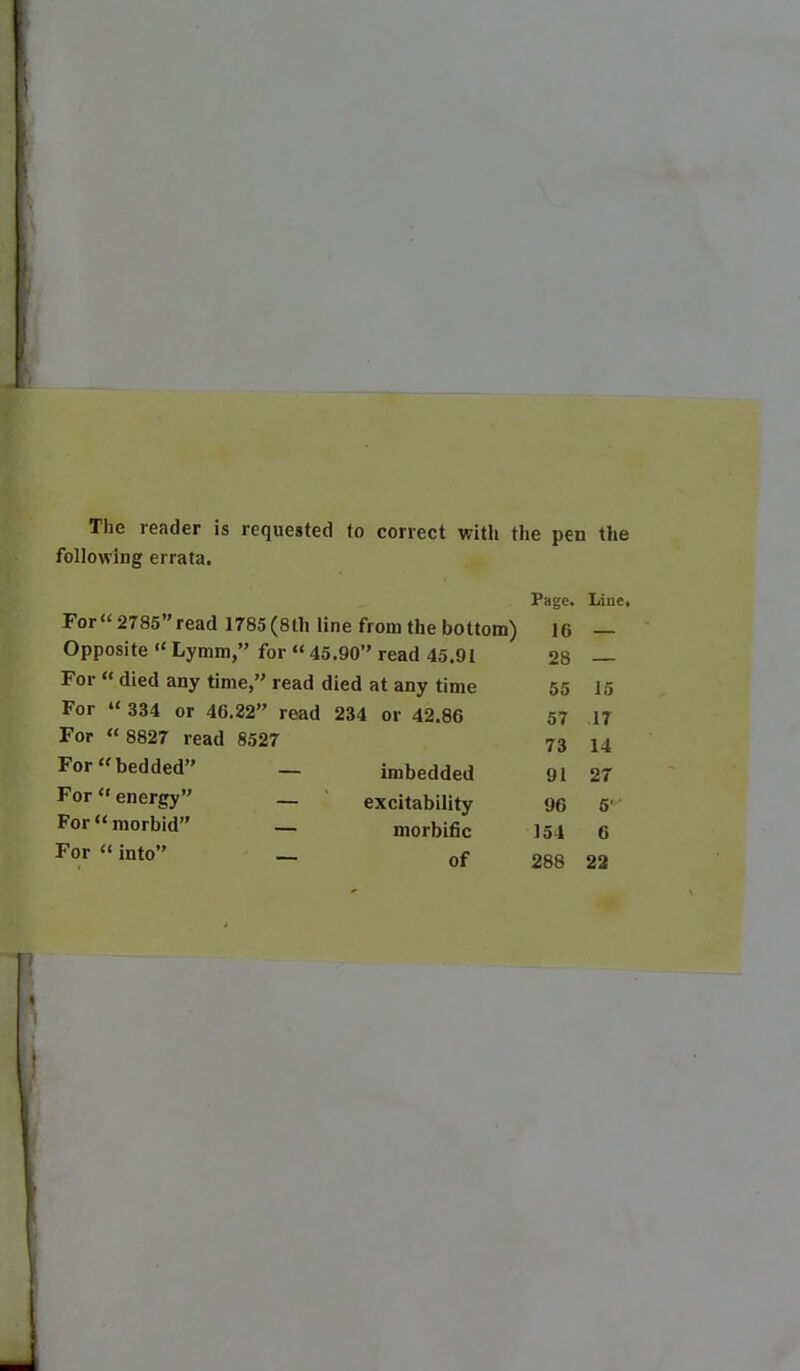 The reader is requested to correct with the pen the following errata. Page. Line. For 2785*'read 1785(8th line from the bottom) 16 — Opposite Lymm, for 45.90 read 45.91 28 — For  died any time, read died at any time 55 IS For  334 or 46.22 read 234 or 42.86 57 17 For  8827 read 8527 73 14 For bedded _ imbedded 91 27 For energy _ excitability 96 5' For morbid _ morbific 154 6 For into _ of 288 22