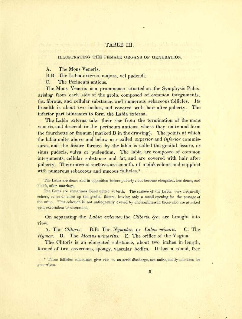 TABLE III. ILLUSTRATING THE FEMALE ORGANS OF GENERATION. A. The Mons Veneris. B. B. The Labia externa, majora, vel pudendi. C. The Perineum anticus. The Mons Veneris is a prominence situated on the Symphysis Pubis, arising from each side of the groin, composed of common integuments, fat, fibrous, and cellular substance, and numerous sebaceous follicles. Its breadth is about two inches, and covered with hair after puberty. The inferior part bifurcates to form the Labia externa. The Labia externa take their rise from the termination of the mons veneris, and descend to the perineum anticus, where they unite and form the fourchette or fraenum (marked D in the drawing). The points at which the labia unite above and below are called superior and inferior commis- sures, and the fissure formed by the labia is called the genital fissure, or sinus pudoris, vulva or pudendum. The labia are composed of common integuments, cellular substance and fat, and are covered with hair after puberty. Their internal surfaces are smooth, of a pink colour, and supplied with numerous sebaceous and mucous follicles.* The Labia are dense and in opposition before puberty; but become elongated, less dense, and bluish, after marriage. The Labia are sometimes found united at birth. The surface of the Labia very frequently cohere, so as to close up the genital fissure, leaving only a small opening for the passage of the urine. This cohesion is not unfrequently caused by uncleanliness in those who are attacked with excoriation or ulceration. On separating the Labia externa, the Clitoris, <^c. are brought into view. A. The Clitoris. B.B. The NymphcB, or Labia minora. C. The Hymen. D, The Meatus urinarius. E. The orifice of the Vagina. The Clitoris is an elongated substance, about two inches in length, formed of two cavernous, spongy, vascular bodies. It has a round, free * These follicles sometimes give rise to an acrid discharge, not unfrequently mistaken for gonorrhoea. B