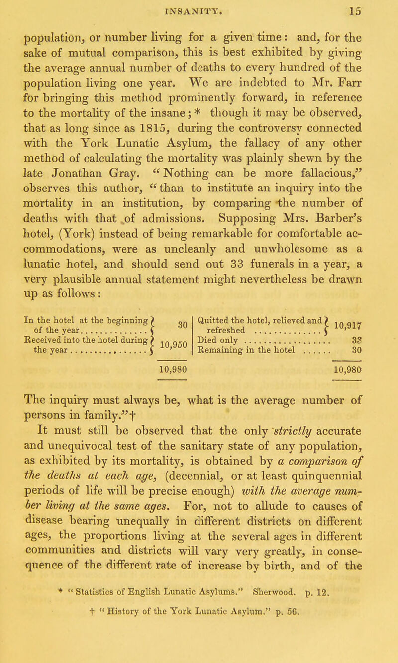 population^ or number living for a given time : and, for the sake of mutual comparison, this is best exhibited by giving the average annual number of deaths to every hundred of the population living one year. We are indebted to Mr. Farr for bringing this method prominently forward, in reference to the mortality of the insane; * though it may be observed, that as long since as 1815, during the controversy connected with the York Lunatic Asylum, the fallacy of any other method of calculating the mortaUty was plainly shewn by the late Jonathan Gray. Nothing can be more fallacious,^' observes this author, than to institute an inquiry into the mortality in an institution, by comparing -the number of deaths with that ^of admissions. Supposing Mrs. Barber's hotel, (York) instead of being remarkable for comfortable ac- commodations, were as uncleanly and unwholesome as a lunatic hotel, and should send out 33 funerals in a year, a very plausible annual statement might nevertheless be drawn up as follows: In the hotel at the beginning > qn Quitted the hotel, relieved and > moTr of the year \ '^^ refreshed ^ iW.yi? Received into the hotel during > 950 I^i^'^ o^^V 38 the year ^ ' Remaining in the hotel 30 10,980 10,980 The inquiry must always be, what is the average number of persons in family.''f It must still be observed that the only strictly accurate and unequivocal test of the sanitary state of any population, as exhibited by its mortality, is obtained by a comparison of the deaths at each age, (decennial, or at least quinquennial periods of life will be precise enough) with the average num- ber living at the same ages. For, not to allude to causes of disease bearing unequally in dilFerent districts on different ages, the proportions living at the several ages in different communities and districts will vary very greatly, in conse- quence of the different rate of increase by birth, and of the * statistics of English Lunatic Asylums. Sherwood, p. 12. t History of the York Lunatic Asylum. p. 66.