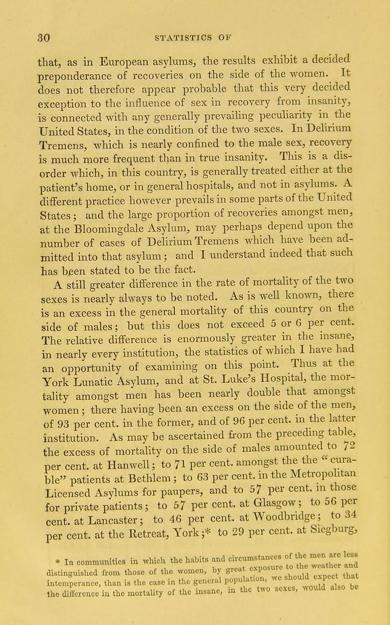 that, as in European asylums, the results exhibit a decided preponderance of recoveries on the side of the women. It does not therefore appear probable that this very decided exception to the influence of sex in recovery from insanity, is connected with any generally prevaihng peculiarity in the United States, in the condition of the two sexes. In Dehrium Tremens, which is nearly confined to the male sex, recovery is much more frequent than in true insanity. This is a dis- order which, in this country, is generally treated either at the patient's home, or in general hospitals, and not in asylums. A different practice however prevails in some parts of the United States; and the large proportion of recoveries amongst men, at the Bloomingdale Asylum, may perhaps depend upon the number of cases of Dehrium Tremens which have been ad- mitted into that asylum; and I understand indeed that such has been stated to be the fact. A still greater difference in the rate of mortality of the two sexes is nearly always to be noted. As is well known, there is an excess in the general mortahty of this country on the side of males; but this does not exceed 5 or 6 per cent. The relative difference is enormously greater in the insane, in nearly every institution, the statistics of which I have had an opportunity of examining on this point. Thus at the York Lunatic Asylum, and at St. Luke's Hospital, the mor- tality amongst men has been nearly double that amongst women; there having been an excess on the side of the men, of 93 per cent, in the former, and of 96 per cent, in the latter institution. As may be ascertained fi'om the precednig table, the excess of mortality on the side of males amounted to /2 per cent, at Hanwell; to 71 per cent, amongst the the « cura- ble patients at Bethlem; to 63 per cent, in the Metropolitan Licensed Asylums for paupers, and to 57 per cent, m those for private patients; to 57 per cent, at Glasgow; to 56 per cent, at Lancaster; to 46 per cent, at Woodbridge; to 34 per cent, at the Retreat, York ;* to 29 per cent, at Siegburg, . Inco—ics in -^^icht.e habits a~^^^^^ distinguished from those of the women, by great exposure intemperance, than is the ease in the general population, we ^l^^'^l^J^P'^^; ^^^^^ the difference in the mortality of the insane, in the two sexes, would also be