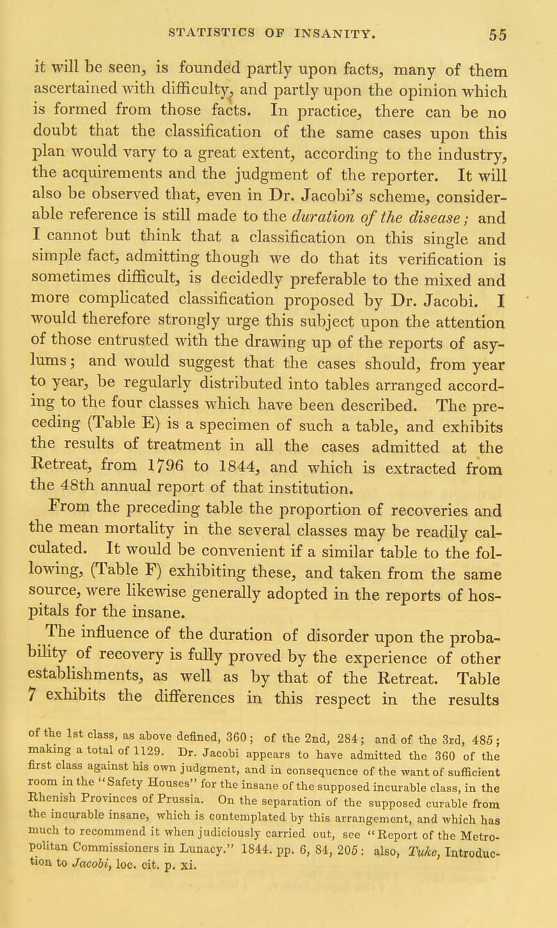 it will be seen, is founded partly upon facts, many of them ascertained with difficulty, and partly upon the opinion which is formed from those facts. In practice, there can be no doubt that the classification of the same cases upon this plan would vary to a great extent, according to the industry, the acquirements and the judgment of the reporter. It will also be observed that, even in Dr. Jacobi's scheme, consider- able reference is still made to the duration of the disease; and I cannot but think that a classification on this single and simple fact, admitting though we do that its verification is sometimes difficult, is decidedly preferable to the mixed and more comphcated classification proposed by Dr. Jacobi. I would therefore strongly urge this subject upon the attention of those entrusted with the drawing up of the reports of asy- lums ; and would suggest that the cases should, from year to year, be regularly distributed into tables arranged accord- ing to the four classes which have been described. The pre- ceding (Table E) is a specimen of such a table, and exhibits the results of treatment in all the cases admitted at the Retreat, from 1796 to 1844, and which is extracted from the 48th annual report of that institution. From the preceding table the proportion of recoveries and the mean mortality in the several classes may be readily cal- culated. It would be convenient if a similar table to the fol- lowing, (Table F) exhibiting these, and taken from the same source, were likewise generally adopted in the reports of hos- pitals for the insane. The influence of the duration of disorder upon the proba- biht)' of recovery is fully proved by the experience of other establishments, as well as by that of the Retreat. Table 7 exhibits the differences in this respect in the results of tlie Ist class, as aboTe defined, 360 ; of the 2nd, 284; and of the 3rd, 485; making a total of 1129. Dr. Jacobi appears to have admitted the 360 of the first class agamst his own judgment, and in consequence of the want of sufficient room m the Safety Houses for the insane of the supposed incurable class, in the Rhenish Provinces of Prussia. On the separation of the supposed curable from the incurable insane, which is contemplated by this arrangement, and which has much to recommend it when judiciously carried out, see  Report of the Metro- politan Commissioners in Lunacy. 1844. pp. 6, 84, 205: also, Tuke, Introduc- tion to J(tcobi, loo. cit. p. xi.
