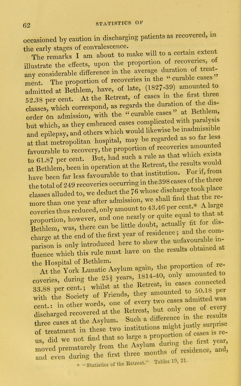 occasioned by caution in discharging patients as recovered, in the early stages of conTalescence. The remaAs I am about to make wdl to a certain ertent Illustrate the effects, upon the proportion of «<=<'™™;' f any considerable difference in the average duration of treat- ment The proportion of recoveries m the  curable cases Xtted at Bethlem, have, of late 52.38 per cent. At the Retreat, of cases m the &stthre^ classes, which correspond, as regards the d^-^/ « ^j^^' order On admission, with the «curable cases at Bethlem, to which, as they embraced cases compHcated with paralysis and epilep'sy, and others which would Ukewise madniiss b e at thi metropolitan hospital, ■-T regarded as so far less favourable to recovery, the proportion of --J^^^^ to 61.87 per cent. But, had such a rule as that which exists S Be h em, been in operation at the Retreat the -siJ'^ have been far less favourable to that mstitution. ^or if, from ihltotlt^^ recoveries oce«rringinthe398casesoah^ classes alluded to, we deduct the 76 -^^^^^^^^^^^tIht . more than one year after admission, we shall find that the re coveries thus reduced, only amount to 43.46 per cen .* A large proportion, however, and one nearly or quite equal » that at Bethlem, was, there can be little actually fit for Pharre at the end of the first year of residence; and the com Sis onirintroduced here to shew the —rable 'n- Ecc which'this rule must have on the results obtained at *lfr;tk ^utticVlum again, the proportion of r. covtit: during the .5, year. ^^^^Xtr:::^'^^ 33 88 per cent.; whilst at the Ketreat, in