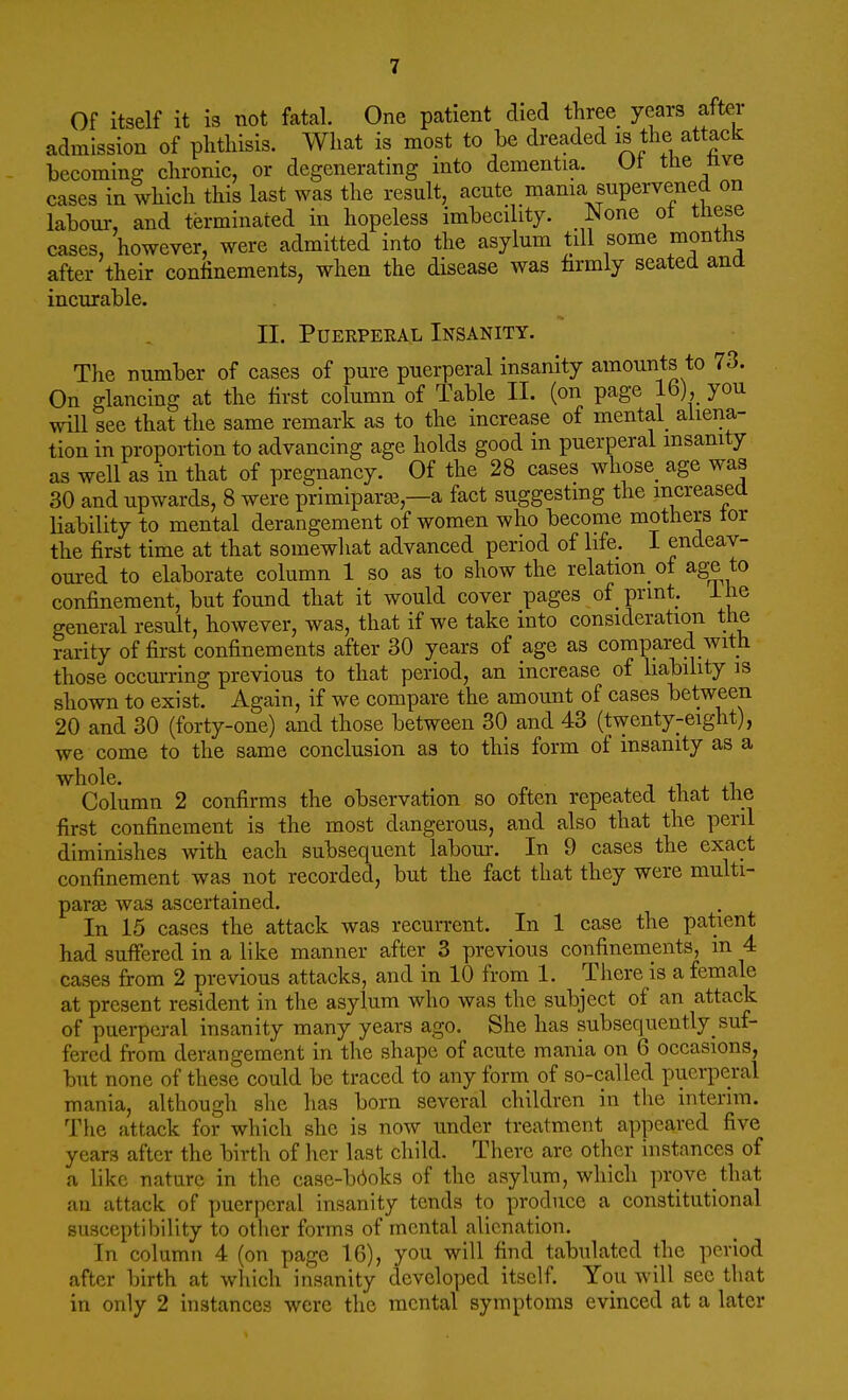 Of itself it is not fatal. One patient died three years after admission of phthisis. What is most to be dreaded is the attack becoming chronic, or degenerating into dementia. Ot the live cases in which this last was the result, acute mama supervened on labour, and terminated in hopeless imbecility. .None ot these cases, however, were admitted into the asylum till some months after their confinements, when the disease was firmly seated and incurable. II. Pueepeeal Insanity. The number of cases of pure puerperal insanity amounts to 73. On glancing at the first column of Table II. (on page 16), you will see that the same remark as to the increase of mental aliena- tion in proportion to advancing age holds good in puerperal insanity as well as in that of pregnancy. Of the 28 cases whose age was 30 and upwards, 8 were primiparae,—a fact suggesting the increased liability to mental derangement of women who become mothers tor the first time at that somewhat advanced period of life. I endeav- oured to elaborate column 1 so as to show the relation ot age to confinement, but found that it would cover pages of print, lhe general result, however, was, that if we take into consideration the rarity of first confinements after 30 years of age as compared with those occurring previous to that period, an increase of liability is shown to exist. Again, if we compare the amount of cases between 20 and 30 (forty-one) and those between 30 and 43 (twenty-eight), we come to the same conclusion as to this form of insanity as a whole. . Column 2 confirms the observation so often repeated that the first confinement is the most dangerous, and also that the peril diminishes with each subsequent labour. In 9 cases the exact confinement was not recorded, but the fact that they were multi- paras was ascertained. In 15 cases the attack was recurrent. In 1 case the patient had suffered in a like manner after 3 previous confinements, m 4 cases from 2 previous attacks, and in 10 from 1. There is a female at present resident in the asylum who was the subject of an attack of puerperal insanity many years ago. She has subsequently suf- fered from derangement in the shape of acute mania on 6 occasions, but none of these could be traced to any form of so-called puerperal mania, although she has born several children in the interim. The attack for which she is now under treatment appeared five years after the birth of her last child. There are other instances of a like nature in the case-books of the asylum, which prove that an attack of puerperal insanity tends to produce a constitutional susceptibility to other forms of mental alienation. In column 4 (on page 16), you will find tabulated the period after birth at which insanity developed itself. You will sec that in only 2 instances were the mental symptoms evinced at a later