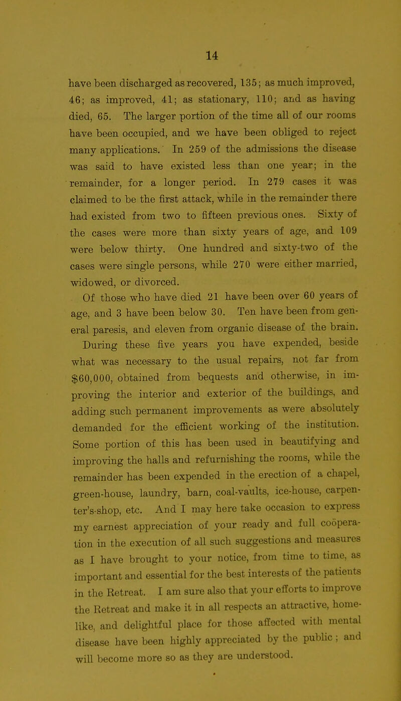 have been discharged as recovered, 135; as much improved, 46; as improved, 41; as stationary, 110; and as having died, 65. The larger portion of the time all of our rooms have been occupied, and we have been obliged to reject many apphcations. In 259 of the admissions the disease was said to have existed less than one year; in the remainder, for a longer period. In 279 cases it was claimed to be the first attack, while in the remainder there had existed from two to fifteen previous ones. Sixty of the cases were more than sixty years of age, and 109 were below thirty. One hundred and sixty-two of the cases were single persons, while 270 were either married, widowed, or divorced. Of those who have died 21 have been over 60 years of age, and 3 have been below 30. Ten have been from gen- eral paresis, and eleven from organic disease of the brain. During these five years you have expended, beside what was necessary to the usual repairs, not far from $60,000, obtained from bequests and otherwise, in im- proving the interior and exterior of the buildings, and adding such permanent improvements as were absolutely demanded for the efficient working of the institution. Some portion of this has been used in beautifying and improving the halls and refurnishing the rooms, while the remainder has been expended in the erection of a chapel, green-house, laundry, barn, coal-vaults, ice-house, carpen- ter's-shop, etc. And I may here take occasion to express my earnest appreciation of your ready and full coopera- tion in the execution of aU such suggestions and measures as I have brought to your notice, from time to time, as important and essential for the best interests of the patients in the Retreat. I am sure also that your efforts to improve the Retreat and make it in all respects an attractive, home- like, and delightful place for those affected witli mental disease have been highly appreciated by the public ; and will become more so as they are understood.