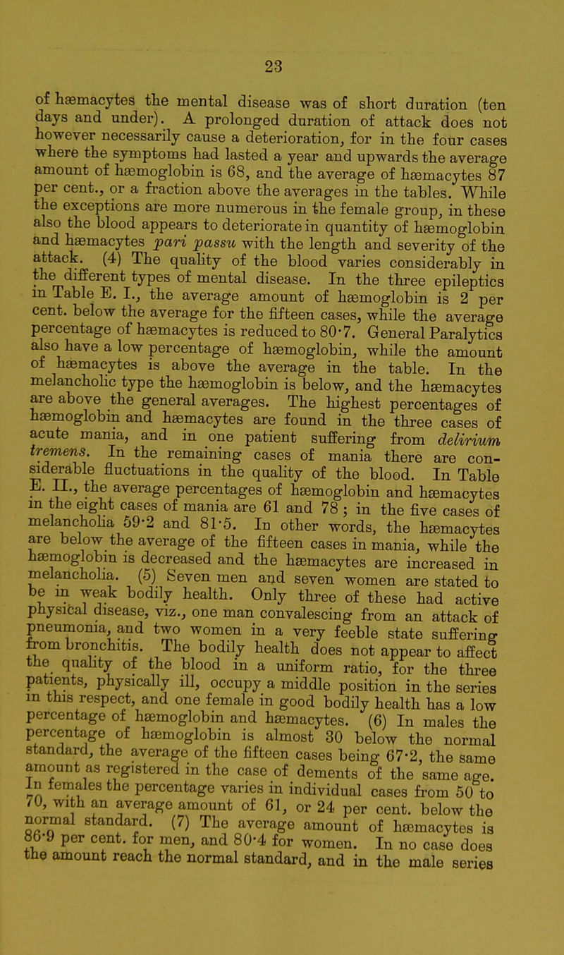 of hffimacytes the mental disease was of short duration (ten days and under). A prolonged duration of attack does not however necessarily cause a deterioration, for in the four cases where the symptoms had lasted a year and upwards the average amount of haemoglobin is 68, and the average of heemacytes 87 per cent., or a fraction above the averages in the tables. While the exceptions are more numerous in the female group, in these also the blood appears to deteriorate in quantity of hgemoglobin and haemacytes pari passu with the length and severity of the attack. (4) The quahty of the blood varies considerably in the different types of mental disease. In the three epileptics m Table E. I., the average amount of haemoglobin is 2 per cent, below the average for the fifteen cases, while the average percentage of haemacytes is reduced to 80-7. General Paralytics also have a low percentage of haemoglobin, while the amount of hasmacytes is above the average in the table. In the melanchoHc type the haemoglobin is below, and the hamacytes are above the general averages. The highest percentages of hemoglobin and haemacytes are found in the three cases of acute mania, and in one patient suffering from delirium tremens. In the remaining cases of mania there are con- siderable fluctuations in the quality of the blood. In Table E. n., the average percentages of haemoglobin and heemacytes m the eight cases of mania are 61 and 78 ; in the five cases of melanchoHa 69-2 and 81-5. In other words, the hamacytes are below the average of the fifteen cases in mania, while the haemoglobin is decreased and the haemacytes are increased in melancholia. (5) Seven men and seven women are stated to be m weak bodily health. Only three of these had active physical disease, viz., one man convalescing from an attack of pneumonia and two women in a very feeble state suffering from bronchitis. The bodily health does not appear to affect the quahty of the blood in a uniform ratio, for the three patients, physically ill, occupy a middle position in the series m this respect, and one female in good bodily health has a low percentage of haemoglobin and haemacytes. (6) In males the percentage of haemoglobin is almost 30 below the normal standard, the average of the fifteen cases being 67-2, the same amount as registered in the case of dements of the same age. In temales the percentage varies in individual cases from 50 to 70, with an average amount of 61, or 24 per cent, below the normal standard. (7) The average amount of haemacytes is 86-9 per cent, for men, and 80-4 for women. In no case does tlie amount reach the normal standard, and in the male series