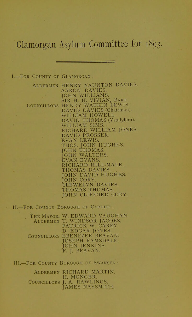 Glamorgan Asylum Committee for I. —For County of Glamorgan : Aldermen HENRY NAUNTON DAVIES. AARON DAVIES. JOHN WILLIAMS, SIR H. PI. VIVIAN, Bart. Councillors HENRY WATKIN LEWIS. DAVID DAVIES (Chairman). WILLIAM HOWELL. DAVID THOMAS (Ystalyfera). WILLIAM SIMS. RICHARD WILLIAM JONES. DAVID PROSSER. EVAN LEWIS. THOS. JOHN HUGHES. JOHN THOMAS. JOHN WALTERS. EVAN EVANS. RICHARD HILL-MALE. THOMAS DAVIES. JOHN DAVID HUGHES. JOHN CORY. LLEWELYN DAVIES. THOMAS THOMAS. JOHN CLIFFORD CORY. II. —For County Borough ok Cardiff : The Mayor, W. EDWARD VAUGHAN. Aldermen T. WINDSOR JACOB.S. PATRICK W. CAREY. D. EDGAR JONES. COUNCILLORS EBENEZER BEAVAN. JOSEPH RAMSDALE. JOHN JENKINS. F. J. BEAVAN. III. —For County Borough of Swansea: Aldermen RICHARD MARTIN. H. MONGER. Councillors J. A. RAWLING.S. JAMES NAYSMITH.