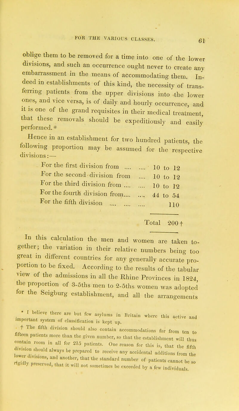 oblige them to be removed for a time into one of the lower divisions, and such an occurrence ought never to create any emban-assment in the means of accommodating them. In- deed in establishments of this kind, the necessity of trans- ferring patients from the upper divisions into -the lower ones, and vice versa, is of daily and hourly occurrence, and It is one of the grand requisites in their medical treatment, that these removals should be expeditiously and easily performed. * Hence in an establishment for two hundred patients, the following proportion may be assumed for the respective divisions:— For the first division from lo to 12 For the second' division from .... 10 to 12 For the third division from 10 to 1-2 For the fourth division fi-om 44 to 54 For the fifth division 1X0 Total 2001 In this calculation the men and women are taken to- gether; the variation in their relative numbers being too great m different countries for any generally accurate pro- portion to be fixed. According to the results of the tabular view of the admissions in all the Rhine Provinces in 1824 the proportion of 3-5ths men to 2-5ths women was adopted for the Seigburg establishment, and all the arrangements • I believe there are but few asylums in Britain where this active and important system of classification is kept up. ■ f The fifth division should also contain accommodations for from ten to fifteen patients more than the given number, so that the establishment will thus contain room in all for 215 patients. One reason for this is, that the fifth d.v,s,on should always be prepared to receive any accidental additions from the lower d,v,s,ons, and another, that the standard number of patients cannot be ng-dly preserved, that it will „ot sometimes be exceeded by a few individuals so