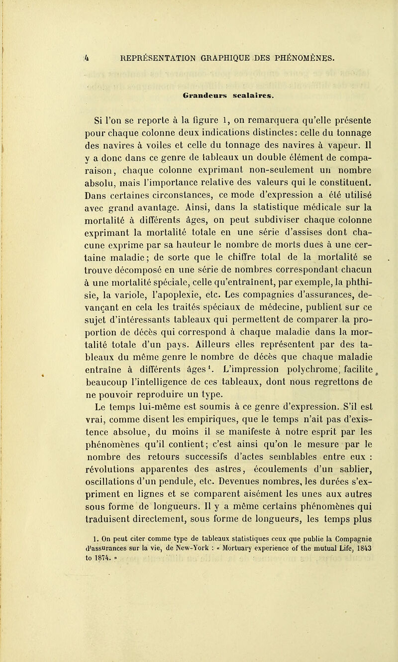 Grandeurs scalaires. Si l'on se reporte à la figure 1, on remarquera qu'elle présente pour chaque colonne deux indications distinctes: celle du tonnage des navires à voiles et celle du tonnage des navires à vapeur. 11 y a donc dans ce genre de tableaux un double élément de compa- raison, chaque colonne exprimant non-seulement un nombre absolu, mais l'importance relative des valeurs qui le constituent. Dans certaines circonstances, ce mode d'expression a été utilisé avec grand avantage. Ainsi, dans la statistique médicale sur la mortalité à différents âges, on peut subdiviser chaque colonne exprimant la mortalité totale en une série d'assises dont cha- cune exprime par sa hauteur le nombre de morts dues à une cer- taine maladie; de sorte que le chiffre total de la mortalité se trouve décomposé en une série de nombres correspondant chacun à une mortalité spéciale, celle qu'entraînent, par exemple, la phthi- sie, la variole, l'apoplexie, etc. Les compagnies d'assurances, de- vançant en cela les traités spéciaux de médecine, publient sur ce sujet d'intéressants tableaux qui permettent de comparer la pro- portion de décès qui correspond à chaque maladie dans la mor- talité totale d'un pays. Ailleurs elles représentent par des ta- bleaux du même genre le nombre de décès que chaque maladie entraîne à différents âges'. L'impression polychrome; facilite ^ beaucoup l'intelligence de ces tableaux, dont nous regrettons de ne pouvoir reproduire un type. Le temps lui-même est soumis à ce genre d'expression. S'il est vrai, comme disent les empiriques, que le temps n'ait pas d'exis- tence absolue, du moins il se manifeste à notre esprit par les phénomènes qu'il contient; c'est ainsi qu'on le mesure par le nombre des retours successifs d'actes semblables entre eux : révolutions apparentes des astres, écoulements d'un sablier, oscillations d'un pendule, etc. Devenues nombres, les durées s'ex- priment en lignes et se comparent aisément les unes aux autres sous forme de longueurs. Il y a môme certains phénomènes qui traduisent directement, sous forme de longueurs, les temps plus 1. On peut citer comme type de tableaux statistiques ceux que publie la Compagnie d'assurances sur la vie, de New-York : « Mortuary expérience of the mutual Life, 1843 to 1874. »