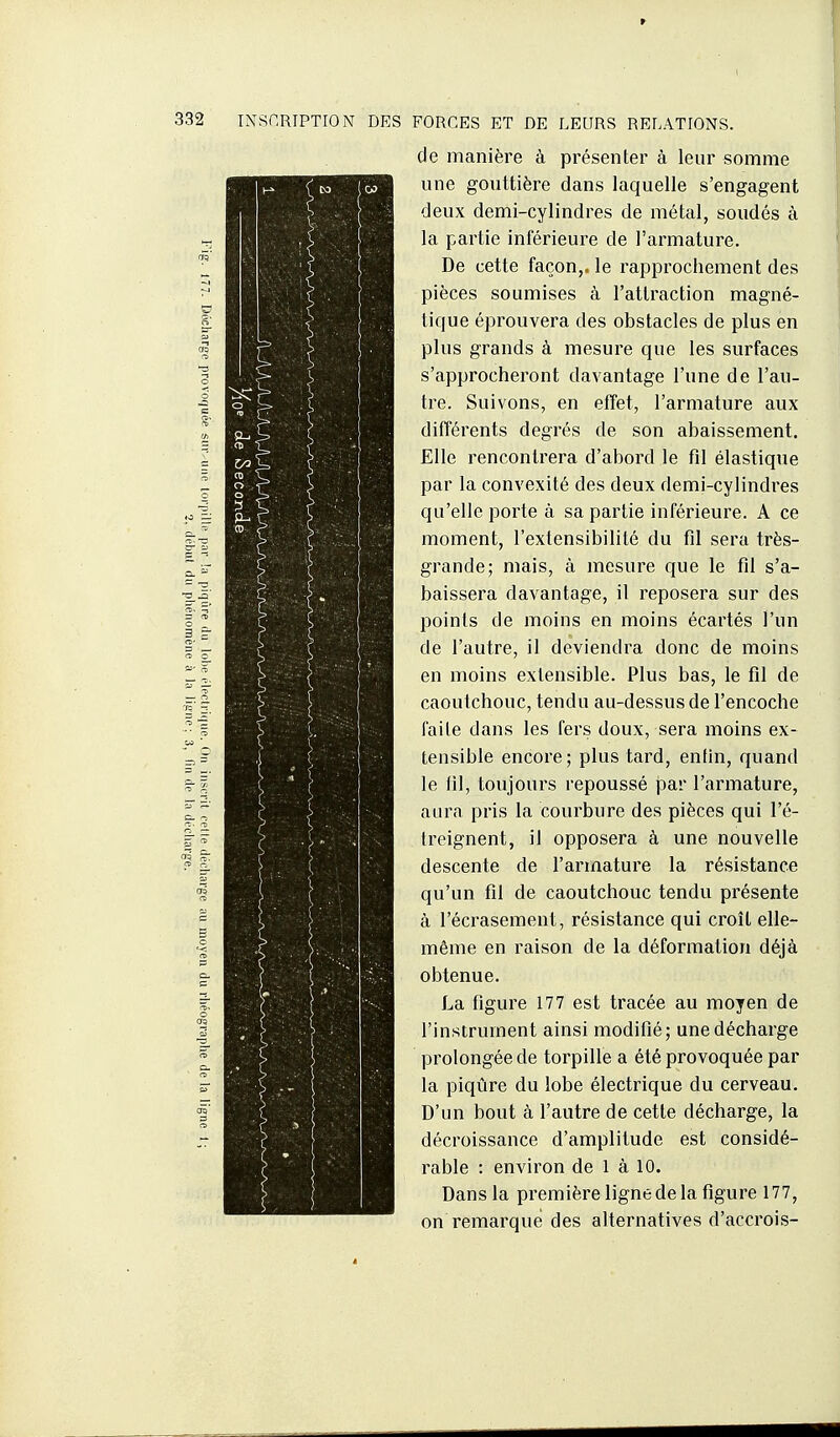 (Je manière à présenter à leur somme une gouttière dans laquelle s'engagent deux demi-cylindres de métal, soudés à la partie inférieure de l'armature. De cette façon,, le rapprochement des pièces soumises à l'attraction magné- tique éprouvera des obstacles de plus en plus grands à mesure que les surfaces s'approcheront davantage l'une de l'au- tre. Suivons, en effet, l'armature aux différents degrés de son abaissement. Elle rencontrera d'abord le fil élastique par la convexité des deux demi-cylindres qu'elle poiie à sa partie inférieure. A ce moment, l'extensibilité du fil sera très- grande; mais, à mesure que le fil s'a- baissera davantage, il reposera sur des points de moins en moins écartés l'un de l'autre, il deviendra donc de moins en moins extensible. Plus bas, le fil de caoutchouc, tendu au-dessus de l'encoche faite dans les fers doux, sera moins ex- tensible encore; plus tard, enthi, quand le lil, toujours repoussé par l'armature, aura pris la courbure des pièces qui l'é- Ireignent, il opposera à une nouvelle descente de l'armature la résistance qu'un fil de caoutchouc tendu présente à l'écrasement, résistance qui croît elle- même en raison de la déformation déjà obtenue. La figure 177 est tracée au moyen de l'instrument ainsi modifié; une décharge prolongée de torpille a été provoquée par la piqûre du lobe électrique du cerveau. D'un bout à l'autre de cette décharge, la décroissance d'amplitude est considé- rable : environ de 1 à 10. Dans la première ligne de la figure 177, on remarque des alternatives d'accrois-
