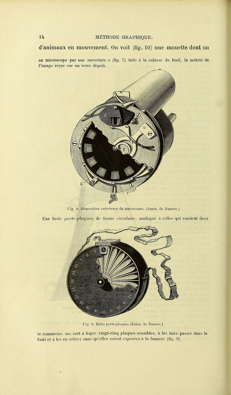 d'animaux en mouvement. On voit (fig. 10) une mouette dont on au microscope par une ouverture o (lig. 7) laite à la culasse du fusil, la netteté de l'image reçue sur un verre dépoli. l'ig. 8. Disposition iiUi'i'ieure du mécanisme. (Jourii. la Nature.) Une Itoîle purte-plarjucs, de lornic circulaire, analogue a celles qui existent dans Fig. 9. Boite i)orle-plai|iies. (Joani. la Nature.) le commerce, me sert à loger vingt-cinq plaques sensibles, à les faire passer dans le fusil et à les en retirer sans qu'elles soient exposées à la lumière (fig. 9).