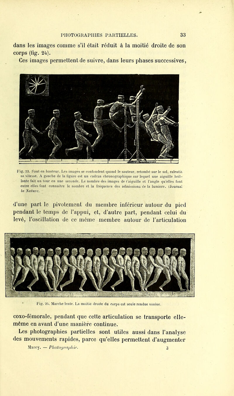 dans les images comme s'il était réduit à la moitié droite de son corps (fig. 24). Ces images permettent de suivre, dans leurs phases successives, Fig. '23. Saut en liautcur. Les imagos se coiilundent quand le sauteur, retombé sur le sol, ralenlii sa vitesse. A gauche de la figure est un cadran clironographique sur lequel une aiguille bril- lante fait un lour en une seconde. Le nombre des images de l'aiguille et l'angle qu'elles font entre elles font connaître le nombre et la fréquence des admissions de la lumière. (Journal la yntwe. d'une part le pivotement du membre inférieur autour du pied pendant le temps de l'appui, et, d'autre part, pendant celui du levé, l'oscillation de ce môme membre autour de l'articulation l'ig. 'i'!. .Mai'i-|]C Iriile. La moitié droite du corps est seule rendue vjsibic. coxo-fémorale, pendant que cette articulation se transporte elle- même en avant d'une manière continue. Les photographies partielles sont utiles aussi dans l'analyse des mouvements rapides, parce qu'elles permettent d'augmenter Marey. — Photoijvii])liic 3