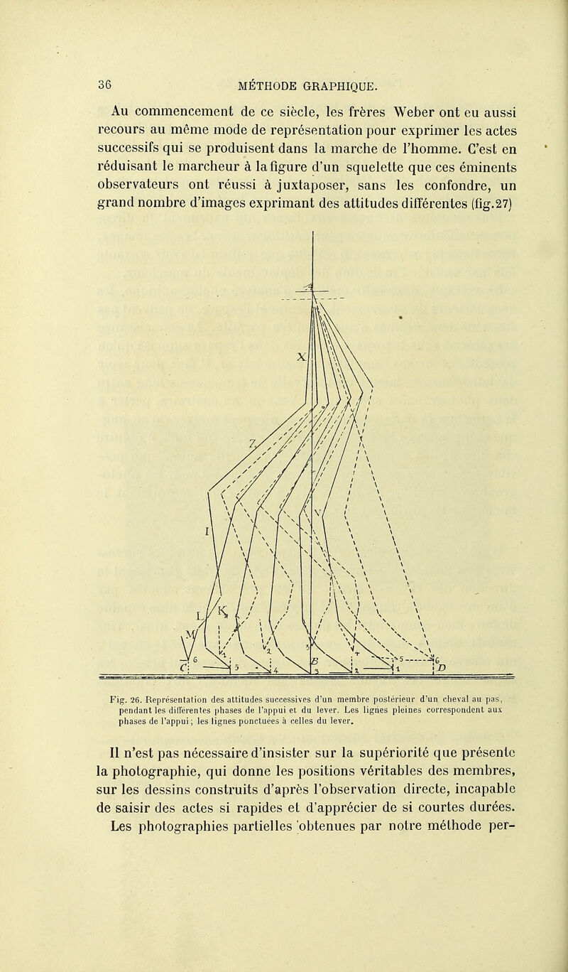 ] 36 MÉTHODE GRAPHIQUE. Au commencement de ce siècle, les frères Weber ont eu aussi recours au même mode de représentation pour exprimer les actes successifs qui se produisent dans la marche de l'homme. C'est en réduisant le marcheur à la figure d'un squelette que ces éminents observateurs ont réussi à juxtaposer, sans les confondre, un grand nombre d'images exprimant des attitudes différentes (fig.27) Fig. 26. Représenlation des attitudes successives d'un membre postérieur d'un clieval au pas, j pendant les différentes piiases de l'appui et du lever. Les lignes pleines correspondent aux | phases de l'appui; les lignes ponctuées à celles du lever. , ' ] Il n'est pas nécessaire d'insister sur la supériorité que présente j la photographie, qui donne les positions véritables des membres, ■ sur les dessins construits d'après l'observation directe, incapable de saisir des actes si rapides el d'apprécier de si courtes durées. Les photographies partielles obtenues par notre méthode per- j i I