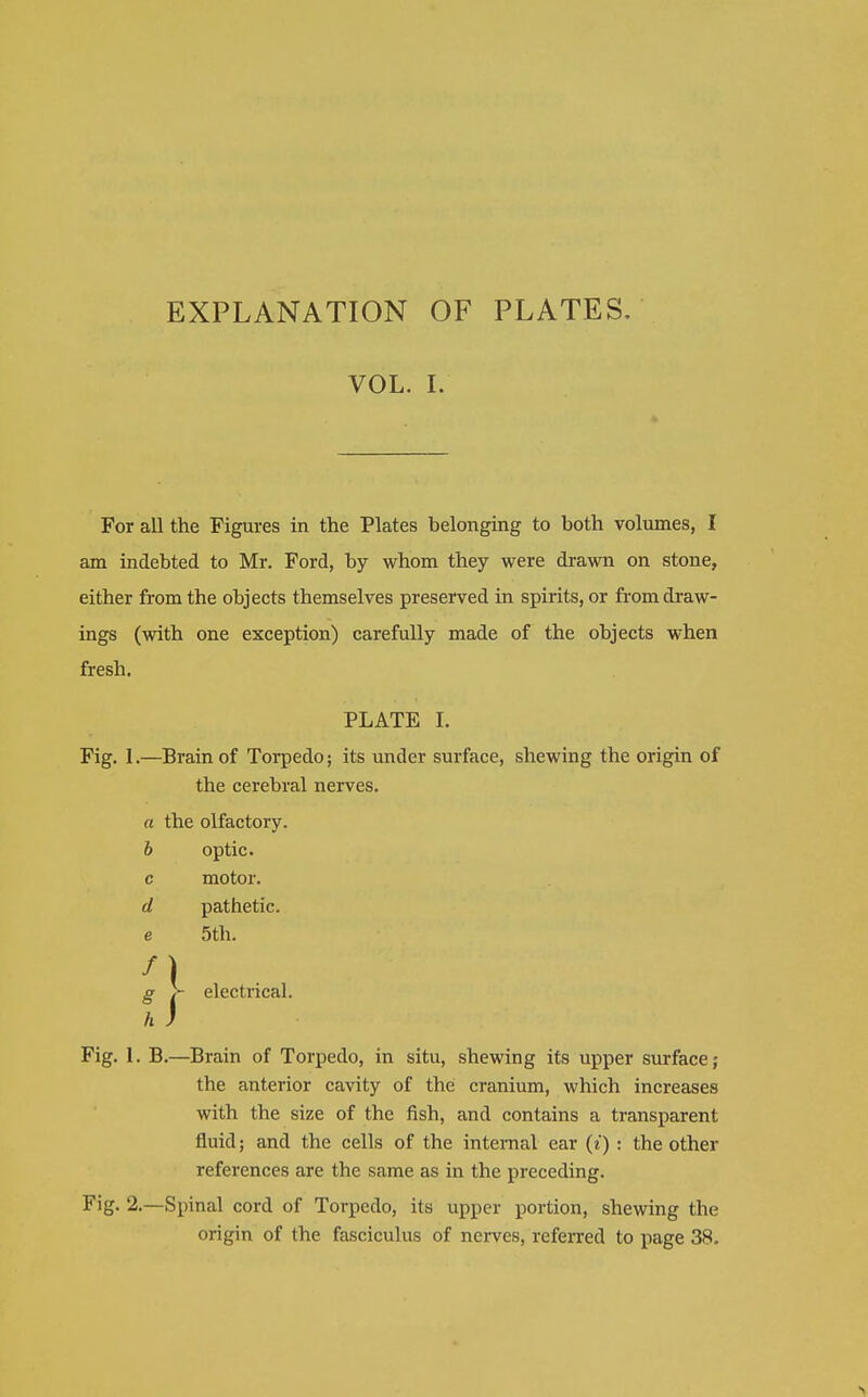 EXPLANATION OF PLATES. VOL. L For all the Figures in the Plates belonging to both volumes, I am indebted to Mr. Ford, by whom they were drawn on stone, either from the objects themselves preserved in spirits, or from draw- ings (with one exception) carefully made of the objects when fresh. PLATE I. Fig. 1.—Brain of Torpedo; its under surface, shewing the origin of the cerebral nerves. a the olfactory. b optic, c motor. d pathetic, e 5th. g y electrical. h ) Fig. 1. B.—Brain of Torpedo, in situ, shewing its upper surface; the anterior cavity of the cranium, which increases with the size of the fish, and contains a transparent fluid; and the cells of the internal ear {i) : the other references are the same as in the preceding. Fig. 2.—Spinal cord of Torpedo, its upper portion, shewing the origin of the fasciculus of nerves, referred to page 38.