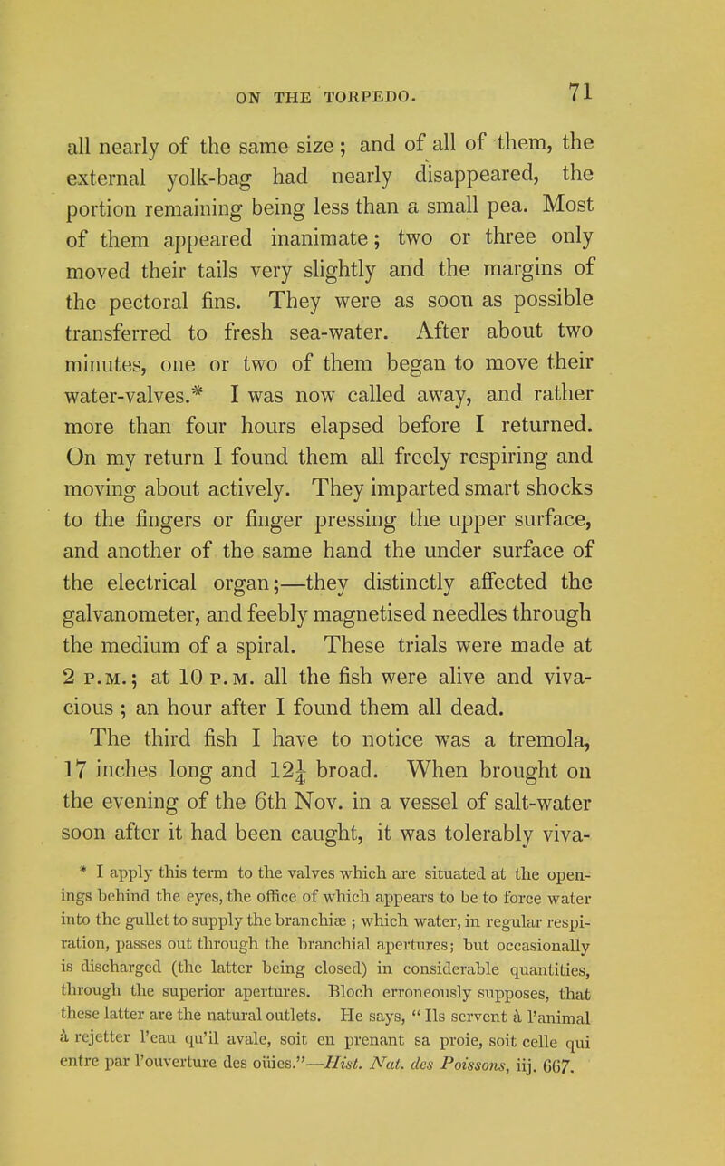 all nearly of the same size ; and of all of them, the external yolk-bag had nearly disappeared, the portion remaining being less than a small pea. Most of them appeared inanimate; two or three only moved their tails very slightly and the margins of the pectoral fins. They were as soon as possible transferred to fresh sea-water. After about two minutes, one or two of them began to move their water-valves.* I was now called away, and rather more than four hours elapsed before I returned. On my return I found them all freely respiring and moving about actively. They imparted smart shocks to the fingers or finger pressing the upper surface, and another of the same hand the under surface of the electrical organ;—they distinctly affected the galvanometer, and feebly magnetised needles through the medium of a spiral. These trials were made at 2 P.M.; at 10 P.M. all the fish were alive and viva- cious ; an hour after I found them all dead. The third fish I have to notice was a tremola, 17 inches long and 12J broad. When brought on the evening of the 6th Nov. in a vessel of salt-water soon after it had been caught, it was tolerably viva- * I apply this term to the valves which are situated at the open- ings behind the eyes, the office of which appears to be to force water into the gaiUet to supply the branchiee ; which water, in regular respi- ration, passes out through the branchial apertures; but occasionally is discharged (the latter being closed) in considerable quantities, through the superior apertures. Bloch erroneously supposes, that these latter are the natural outlets. He says,  lis servent k I'animal a rejetter I'cau qu'il avale, soit en prenant sa proie, soit celle qui entre par I'ouverture des oiiies.—//w/!, Nat. des Poissons, iij. 667,