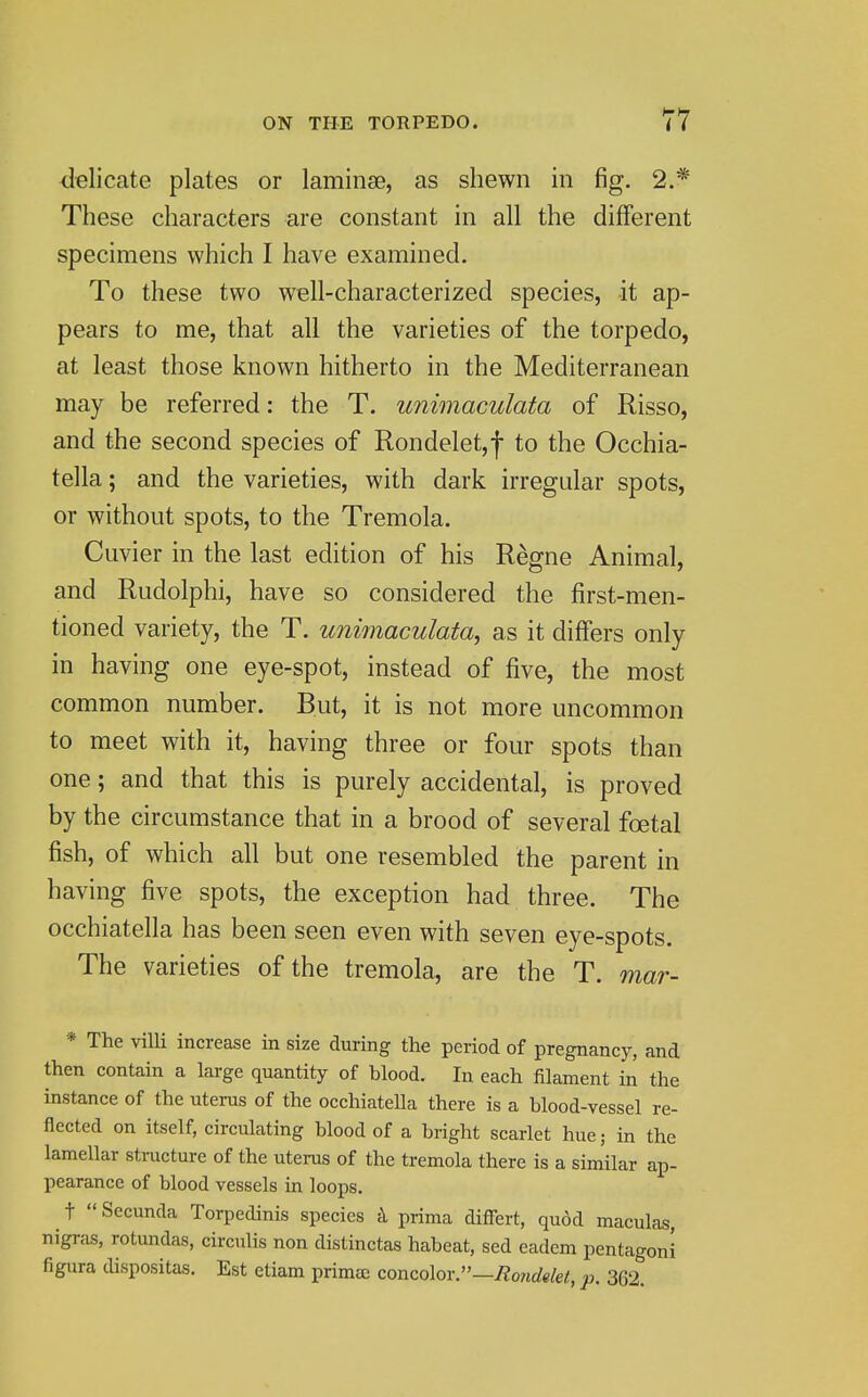delicate plates or laminae, as shewn in fig. 2.* These characters are constant in all the different specimens which I have examined. To these two well-characterized species, it ap- pears to me, that all the varieties of the torpedo, at least those known hitherto in the Mediterranean may be referred: the T. unimaculata of Risso, and the second species of Rondelet,f to the Occhia- tella; and the varieties, with dark irregular spots, or without spots, to the Tremola. Cuvier in the last edition of his Regne Animal, and Rudolphi, have so considered the first-men- tioned variety, the T. unimaculata, as it differs only in having one eye-spot, instead of five, the most common number. But, it is not more uncommon to meet with it, having three or four spots than one; and that this is purely accidental, is proved by the circumstance that in a brood of several foetal fish, of which all but one resembled the parent in having five spots, the exception had three. The occhiatella has been seen even with seven eye-spots. The varieties of the tremola, are the T. mar- * The villi increase in size during the period of pregnancy, and then contain a large quantity of blood. In each filament in the instance of the uterus of the occhiatella there is a blood-vessel re- flected on itself, circulating blood of a bright scarlet hue; in the lamellar structure of the uterus of the tremola there is a sim'ilar ap- pearance of blood vessels in loops. ^ t  Secunda Torpedinis species prima differt, quod maculas, nigras, rotundas, circulis non distinctas habeat, sed eadem pentagon! figura dispositas. Est etiam primee concolor.—Hojidelet, p. 362.
