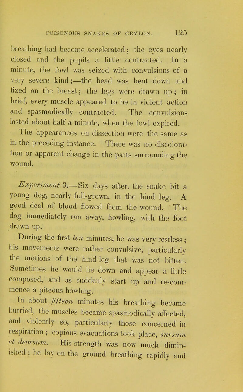 breathing had become accelerated ; the eyes nearly closed and the pupils a little contracted. In a minute, the fowl was seized with convulsions of a very severe kind;—the head was bent down and fixed on the breast; the legs were drawn up; in brief, every muscle appeared to be in violent action and spasmodically contracted. The convulsions lasted about half a minute, when the fowl expired. The appearances on dissection were the same as in the preceding instance. There was no discolora- tion or apparent change in the parts surrounding the wound. Experiment 3.—Six days after, the snake bit a young dog, nearly full-grown, in the hind leg. A good deal of blood flowed from the wound. The dog immediately ran away, howling, with the foot drawn up. During the first ten minutes, he was very restless ; his movements were rather convulsive, particularly the motions of the hind-leg that was not bitten. Sometimes he would lie down and appear a little composed, and as suddenly start up and re-com- mence a piteous howling. In obowi fifteen minutes his breathing became hurried, the muscles became spasmodically aff'ected, and violently so, particularly those concerned in respiration ; copious evacuations took place, sursiim et deorsum. His strength was now muc)i dimin- ished ; he lay on the ground breathing rapidly and
