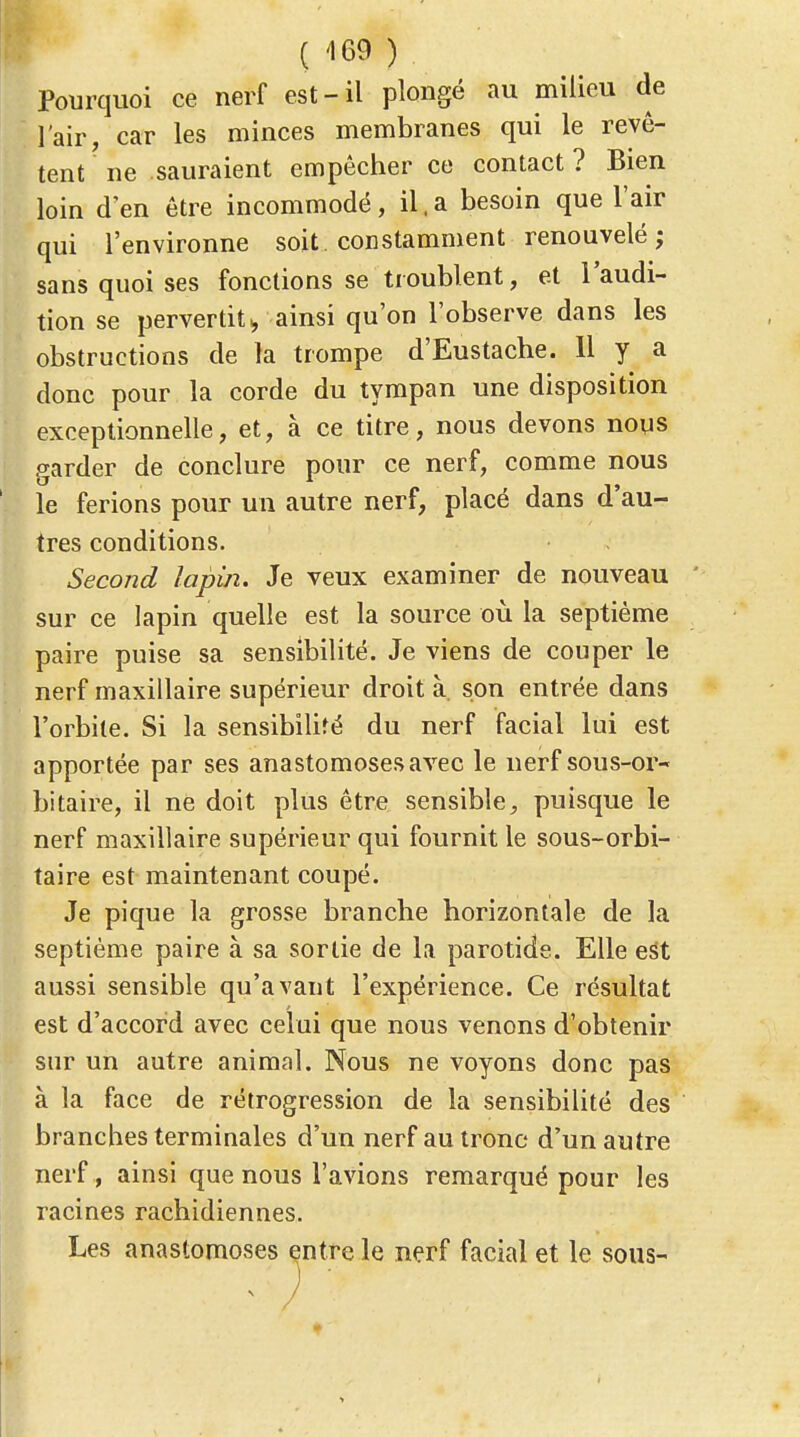 Pourquoi ce nerf est-il plongé au milieu de l'air, car les minces membranes qui le revê- tent ne sauraient empêcher ce contact ? Bien loin d'en être incommodé, il, a besoin que l'air qui l'environne soit constamment renouvelé ; sans quoi ses fonctions se troublent, et l'audi- tion se pervertit;, ainsi qu'on l'observe dans les obstructions de la trompe d'Eustache. 11 y a donc pour la corde du tympan une disposition exceptionnelle, et, à ce titre, nous devons nous garder de conclure pour ce nerf, comme nous le ferions pour un autre nerf, placé dans d'au- tres conditions. Second lapin. Je veux examiner de nouveau sur ce lapin quelle est la source où la septième paire puise sa sensibilité. Je viens de couper le nerf maxillaire supérieur droit à, son entrée dans l'orbite. Si la sensibilité du nerf facial lui est apportée par ses anastomoses avec le nerf sous-or- bitaire, il ne doit plus être sensible^ puisque le nerf maxillaire supérieur qui fournit le sous-orbi- taire est maintenant coupé. Je pique la grosse branche horizontale de la septième paire à sa sortie de la parotide. Elle eât aussi sensible qu'avant l'expérience. Ce résultat est d'accord avec celui que nous venons d'obtenir sur un autre animal. Nous ne voyons donc pas à la face de rétrogression de la sensibilité des branches terminales d'un nerf au tronc d'un autre nerf, ainsi que nous l'avions remarqué pour les racines rachidiennes. Les anastomoses entre le nerf facial et le sous-