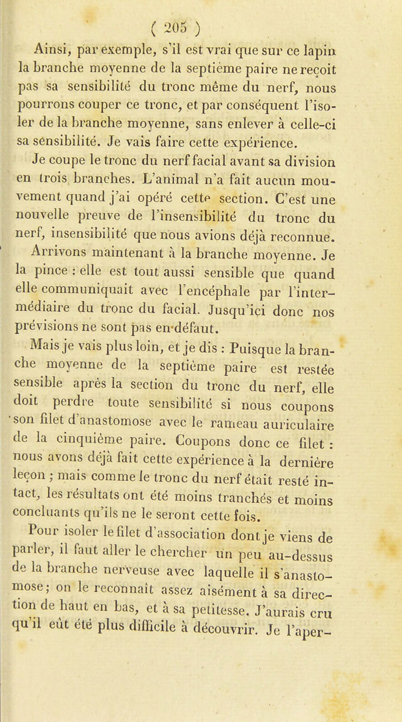 Ainsi, par exemple, s'il est vrai que sur ce lapin la branche moyenne de la septième paire ne reçoit pas sa sensibilité du tronc même du nerf, nous pourrons couper ce tronc, et par conséquent l'iso- ler de la branche moyenne, sans enlever à celle-ci sa sensibilité. Je vais faire cette expérience. Je coupe le tronc du nerf facial avant sa division en trois branches. L'animal n'a fait aucun mou- vement quand j'ai opéré cette section. C'est une nouvelle preuve de l'insensibilité du tronc du nerf, insensibilité que nous avions déjà reconnue. Arrivons maintenant à la branche moyenne. Je la pince : elle est tout aussi sensible que quand elle communiquait avec l'encéphale par l'inter- médiaire du tronc du facial. Jusqu'ici donc nos prévisions ne sont pas en-défaut. Mais je vais plus loin, et je dis : Puisque la bran- che moyenne de la septième paire est restée sensible après la section du tronc du nerf, elle doit perdre toute sensibih'ié si nous coupons •son filet d'anastomose avec le rameau auriculaire de la cinquième paire. Coupons donc ce filet : nous avons déjà fait cette expérience à la dernière leçon ; mais comme le tronc du nerf était resté in- tact, les résultats ont été moins tranchés et moins concluants qu'ils ne le seront cette fois. Pour isoler le filet d'association dont je viens de parler, il faut aller le chercher un peu au-dessus de la branche nerveuse avec laquelle il s'anasto- mose; on le reconnaît assez aisément à sa direc- tion de haut en bas, et à sa petitesse. J'aurais cru qu'il eût été plus difficile à découvrir. Je l'aper-