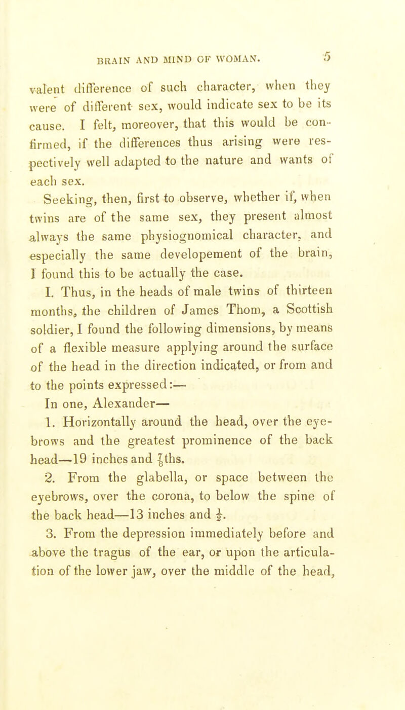 valent difference of such character, when they were of different sex, would indicate sex to be its cause. I felt, moreover, that this would be con- lirmed, if the differences thus arising were res- pectively well adapted to the nature and wants of each sex. Seeking, then, first to observe, whether if, when twins are of the same sex, they present almost always the same physiognomical character, and especially the same developement of the brain, 1 found this to be actually the case. 1. Thus, in the heads of male twins of thirteen months, the children of James Thom, a Scottish soldier, I found the following dimensions, by means of a flexible measure applying around the surface of the head in the direction indicated, or from and to the points expressed:— In one, Alexander— 1. Horizontally around the head, over the eye- brows and the greatest prominence of the back head—19 inches and |ths. 2. From the glabella, or space between the eyebrows, over the corona, to below the spine of the back head—13 inches and f. 3. From the depression immediately before and above the tragus of the ear, or upon the articula- tion of the lower jaw, over the middle of the head.
