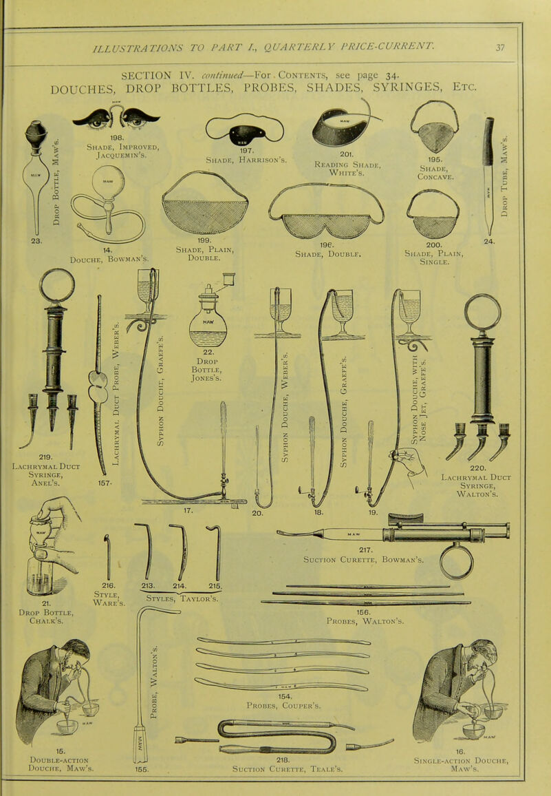 SECTION IV. lontinued—For. Contents, see jjage 34. DOUCHES, DROP BOTTLES, PROBES, SHADES, SYRINGES, Etc. Douche, Maw's. 155. Suction Curette, Teales. Maw's.