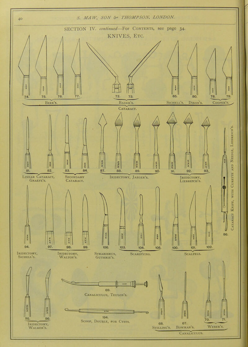 SECTION IV. continued—For Contents, see page 34. KNIVES, Etc. 85. 80. Sichell's. Dixon's. Cataract. I 83. 89. 5 92. s 93 Linear Cataract, Graefe's. Secondary Cataract. Iridectomy, Jaeger's. Iridectomy, Liebreich's. 94. A Pi 97. 98. 99. Iridectomy, Sichell's. Iridectomy, Walton's. 106. Strabismus, Guthrie's. 103. 104. 105. 100. 101. 102. Scarifying. Scalpels. 69. Canaliculus, Teulon's. 194. Iridectomy, Walker's. Scoop, Double, for Cysts. 68. Stilling's. 67. Bowman's. 86. 3 Z < < < u Canaliculus.