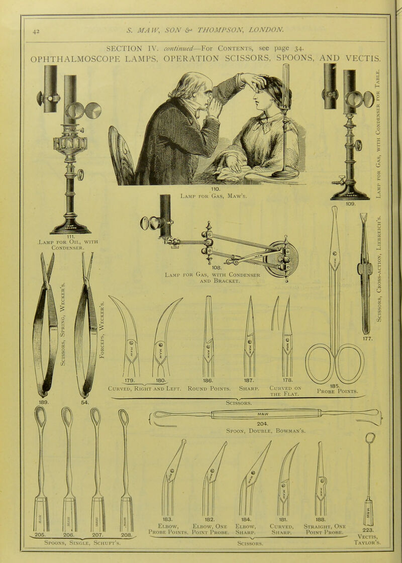 SECTION IV. continued—Yox Contents, see page 34. OPHTHALMOSCOPE LAMPS, OPERATION SCISSORS, SPOONS, AND VECTIS. Spoons, Singlf., Sciiuft's. Scissors. 223. Vectis. Taylor's.