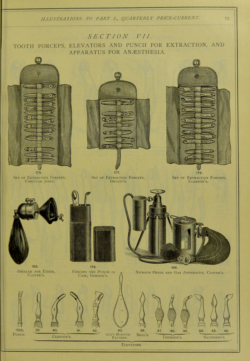 SECTION VII. TOOTH FORCEPS, ELEVATORS AND PUNCH FOR EXTRACTION, AND APPARATUS FOR ANESTHESIA. Set of Extraction Forceps, Circular Joint. 177. Set of Extraction Forceps, Druitt's. 176. Set of Extraction Forceps, Clendon's. 183. Inhaler for Ether, Clover's. 232, Punch 178. Forceps \nd Punch in Case, Gordon's. 184. Nitrous Oxide and Gas Apparatus, Clover's. Clendon's. Guv's Ho.siMTAL Bell's. Pattern. Thomson's. Saunders's. Elevators.