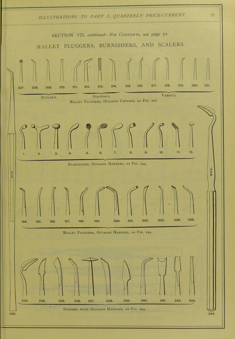 SECTION VII. continued—¥ox Contents, see page 72. MALLET PLUGGERS, BURNISHERS, AND SCALERS. Burnishers, Octagon Handles, as Fig. 244. Mallet Pluggers, Octagon Handles, as Fig. 244. 233. 234. 236. 236. 237. 238. 239. 240. 241. 242. 243. Scalers, with Octagon Handles, as Fig. 244.