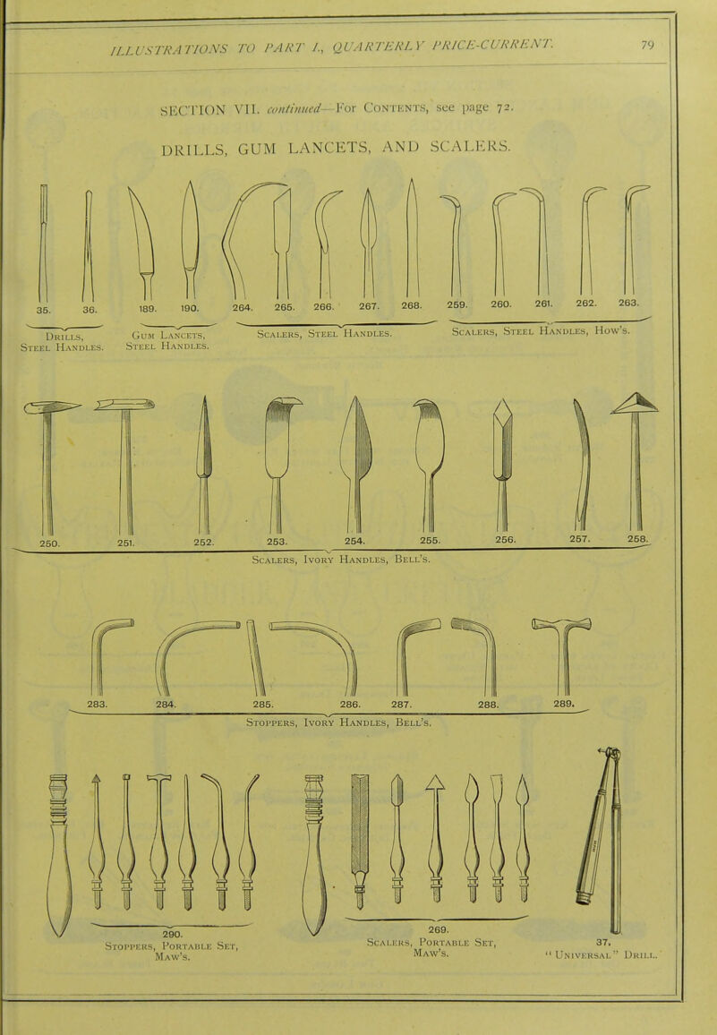 SECTION VII. continued—Vox Contents, see page 72. DRILLS, GUM LANCETS, AND SCALERS. Scalers, Ivory Handles, Bell's. Stoppers, Ivory Handles, Bell's. Drill.