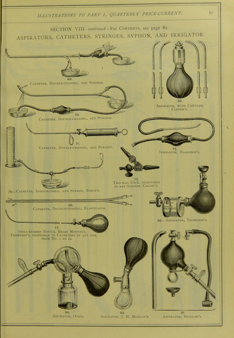 SECTION VIII. continued—Yox Contents, see page 82. ASPIRATORS, CATHETERS, SYRINGES, SYPHON, AND IRRIGATOR. (f 69. Catheter, Double-channel, and Syringe Aspirator, with Canulas, Clover's. Catheter, Double-channel, and Syringe Catheter, Double-channel, and Syringe. Irrigator, Harrison's. 72. Two-way Cock, adaptable TO ANY Syringe, Collin's. 76.—Catheter, India-rubber, and Syphon, Birch's. ^ 68. Catheter, Double-channel, Elastic-gum 95.—Aspirator, Thompson's. 77. India-rubber Bottle, Brass Mounted, Thompson's, adaptable to Catheters of any size, FROM No. I TO 12. IliiBlgi 94. Aspirator, Otis's AspujATOR, J. H. Morgan's. Aspirator, Bigelow's.