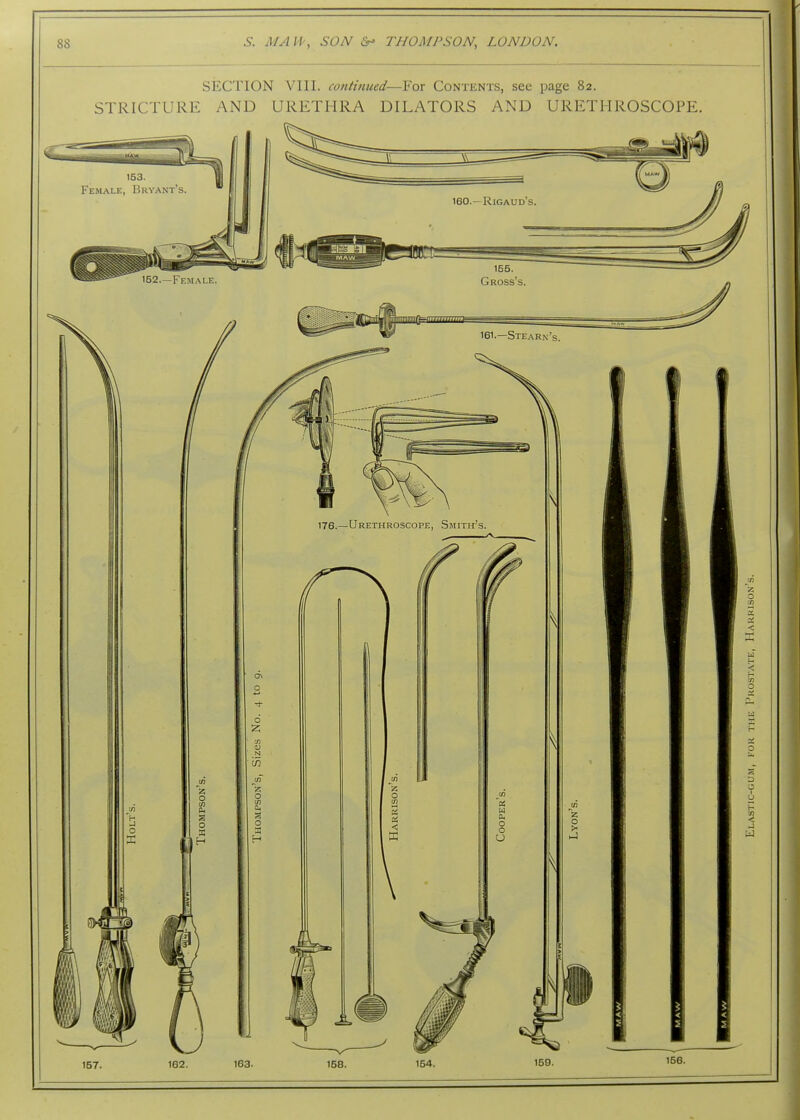 SECTION VIII. co?itinued—For Contents, see page 82. STRICTURE AND URETHRA DILATORS AND URETHROSCOPE. 157. 162. 163- 158. 154.