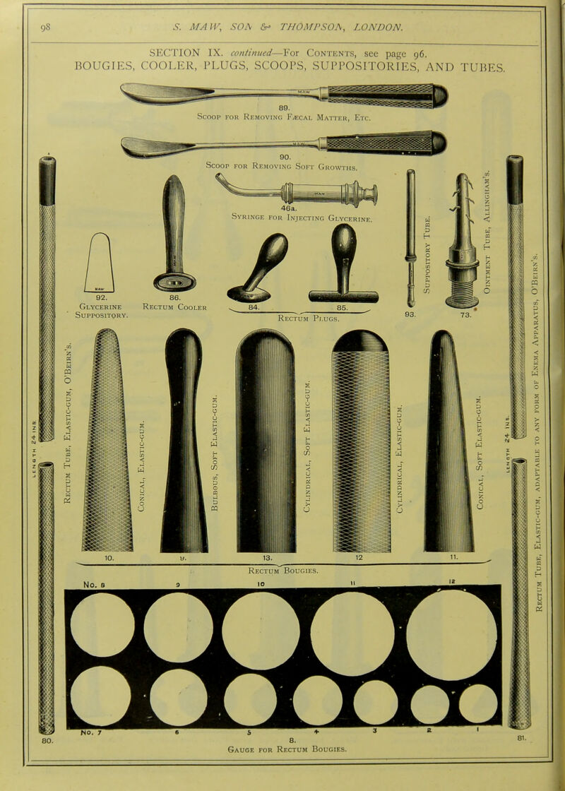 SECTION IX. continued—For Contents, see page 96. BOUGIES, COOLER, PLUGS, SCOOPS, SUPPOSITORIES, AND TUBES. Scoop for Removing FiECAL Maiter, Etc. Gauge for Rectum Bougies.