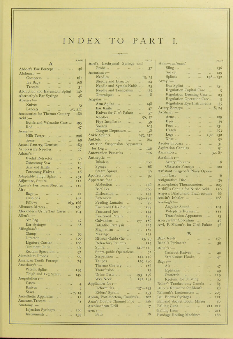 PAGE A Abbott's Ear Forceps 46 Abdomen :— Compress ... ... ... 161 Ice Bags 168 Trocars ... ... ... 31 Abduction and Extension Splint 146 Abernethy's Ear Syringe ... 48 Abscess:— Knives ... ... ... 15 Lancets ... ... 25, 211 Accessories for Thermo-Cautery 186 Acid :— Bottle and Vulcanite Case ... 195 Rod 47 Acme:— Milk Tester 206 Spray ... ... ... 68 Actual Cautery, Dentists' ... 183 Acupressure Needles ... ... 27 Adams's :— Eyelid Retractor ... ... 39 Osteotomy Saw ... ... 14 Saw and Knife ... ... 16 Tenotomy Knives ... ... 16 Adaptable Thigh Splint ... ... 151 Adjusture, Suture ... ... 112 Agnew's Perinreum Needles ... 112 Air :— Bags 47 Cushions ... ... ... 165 Pillows 165, 166 Albumen Meters ... .. ... 196 Alexander's Urine Test Cases ... 194 Allen's :— Air Bag ... ... ... 47 Ear Syringes ... ... 48 AUinghara's :— Clamp ... ... ... 99 Director ... ... ... icxD Ligature Carrier ... ... 100 Ointment Tube ... ... 98 Rectum Speculum ... .. 97 Aluminium Probes ... ... 60 American Tooth Forceps ... 74 Amesbury's :— Patella Splint 149 Thigh and Leg Splint ... 149 Amputation :— Cases... ... ... ... ^ Knives ... ... ... 7 Saws 7, 14 Anaesthetic Apparatus ... ... 13 Anasarca Trocars... .. ,. 31 Anatomy : — Injection Syringes ... ... 199 Instruments ... ... ... 199 PAGE Anel's Lachrymal Syringe and Probe... 37 Aneurism:— Needles 15. 25 Needle and Director 24 Needle and Syme's Knife ... 25 Needle and Tenaculum 25 Tourniquet ... 8 Angular :— Arm Splint .. 148 Ear Knife 47 Knives for Cleft Palate 57 Needles 56, 57 Pipe Insufflator 59 Sounds ... 105 Tongue Depressors ... 5° Ankle Splints 143, 152 Anklets Anterior Suspension Apparatus for Leg ... Anteversion Pessaries I Id Antiseptic :— Inhalers 2O0 Sprays Oo Steam Sprays 29 Aponeurotome 92 Apparatus for :— Abduction ... 140 Beef Tea 206 Dislocation ... 144 Extension 145- 147 Feeding Lunatics 70 Fractured Clavicle ... 144 Fractured Jaw 144 Fractured Patella ... 144 Galvanism ... 177- -186 Infantile Paralysis ... 137 Magnetism ... 182 Massage 173 Nitrous Oxide Gas ... 13 , 73 Refractory Patients ... 157 Spine... 141- 143 Supra-pubic Operations 92 Suspension ... 141, 146 Talipes 139. 140 Thermo-Cautery 186 Transfusion ... 13 Urine Tests 193- -196 Wry Neck ,' 142, 143 Appliances for :— Deformities 137- 143 Riders' Sprain 153 Apron, Post-mortem, Cousins's... 202 Aran's Double-Channel Pipe 126 Archimedean Drill 17 Arm :— Bath 28 PAGE A rm—continued. Sling ... 136 Socket 129 Splints 148- -152 Army :— Box Splint ... 15' Regulation Capital Case ... 5 Regulation Dressing Case ... 23 Regulation Operation Case.. 5 Regulation Eye Instruments 35 Artery Forceps ... 8, 24 Artificial:— Arms... 129 Eyes 39 Feet 131 Hands 153 Legs 130- —132 Nose ... 50 Ascites Trocars ... 31 Aspiration Canulas 91 Aspirators... .. ... 32, 87 Assalini's :— Artery Forceps 8 Obstetric Forceps .. 120 Assistant Surgeon's Navy Opera- tion Case 6 Astigmatism Disc... 39 Atmospheric Thermometers 205 Atthill's Canula for Nitric Acid 110 Auger's Dilator and Tracheotome 66 Austin's Inhaler ... 208 Aveling's :— Angular Sound 105 Polyptrite Ecraseur... III Transfusion Apparatus 13 Avery's Ear Speculum ... 45 Awl, F. Mason's, for Cleft Palate 56 B Back Rests 157 Badal's Perimeter 39 Bader's :— Cataract Knives 40 Strabismus Hooks ... 41 Bags :— Air ... 47 Epistaxis 49 Obstetric 119 Rectum, for Dilating 92 Baker's Tracheotomy Canula ... 65 Balco's Retractor for Mouth 58 Balconib's Lactometers ... 205 Ball Enema Syringes 125 Ball and Socket Tooth Mirror .. 80 Balling Guns 211,212 Balling Irons .. .. .. 211 Bandage Rolling Machines 160