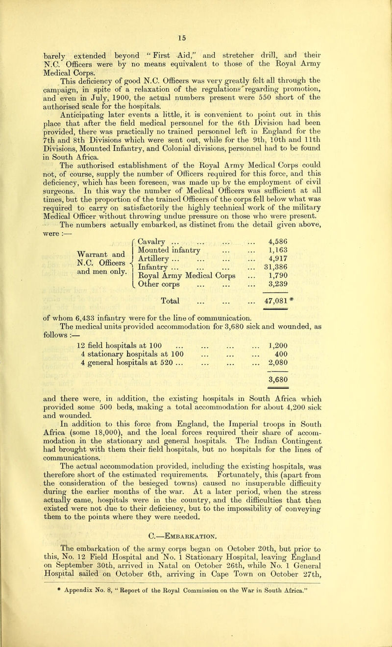 barely extended beyond  First Aid, and stretcher drill, and their N.C. Officers were by no means equivalent to those of the Royal Army Medical Corps. This deficiency of good N.C. Officers was very greatly felt all through the campaign, in spite of a relaxation of the regulations regarding promotion, and even in July, 1900, the actual numbers present were 550 short of the authorised scale for the hospitals. Anticipating later events a little, it is convenient to point out in this place that after the field medical personnel for the 6th Division had been provided, there was practically no trained personnel left in England for the 7th and 8th Divisions which were sent out, while for the 9th, 10th and 11th Divisions, Mounted Infantry, and Colonial divisions, personnel had to be found in South Africa. The authorised establishment of the Royal Army Medical Corps could not, of course, supply the number of Officers required for this force, and this deficiency, which has been foreseen, was made up by the employment of civil surgeons. In this way the number of Medical Officers was sufficient at all times, but the proportion of the trained Officers of the corps fell below what was required to carry on satisfactorily the highly technical work of the militajy Medical Officer without throwing undue pressure on those who were present. The numbers actually embarked, as distinct from the detail given above, were :— f Cavalry ... ... 4,586 ^TTT- . 1 I Mounted infantry ... ... 1,163 Warrant and * ,-n ^ NC Officers \ ^^'^i^^^^y ^^^^^ \ Infantry 31,386 ana men only. B,oyal Army Medical Corps ... 1,790 ^ Other corps 3,239 Total 47,081* of whom 6,433 infantry were for the line of communication. The medical units provided accommodation for 3,680 sick and wounded, as follows :— 12 field hospitals at 100 1,200 4 stationary hospitals at 100 ... ... ... 400 4 general hospitals at 520 ... ... ... ... 2,080 3,680 and there were, in addition, the existing hospitals in South Africa which provided some 500 beds, making a total accommodation for about 4,200 sick and wounded. In addition to this force from England, the Imperial troops in South Africa (some 18,000), and the local forces required their share of accom- modation in the stationary and general hospitals. The Indian Contingent had brought with them their field hospitals, but no hospitals for the lines of communications. The actual accommodation provided, including the existing hospitals, was therefore short of the estimated requirements. Fortunately, this (apart from the consideration of the besieged towns) caused no insuperable difficulty during the earlier months of the war. At a later period, when the stress actually came, hospitals were in the country, and the difficulties that then existed M^ere not due to their deficiency, but to the impossibility of conveying them to the points where they were needed. C. EmB AERATION, The embarkation of the army corps began on October 20th, but prior to this. No, 12 Field Hospital and No. 1 Stationary Hospital, leaving England on September 30th, arrived in Natal on October 26th, while No. 1 General Hospital sailed on October 6th, arriving in Cape Town on October 27th,