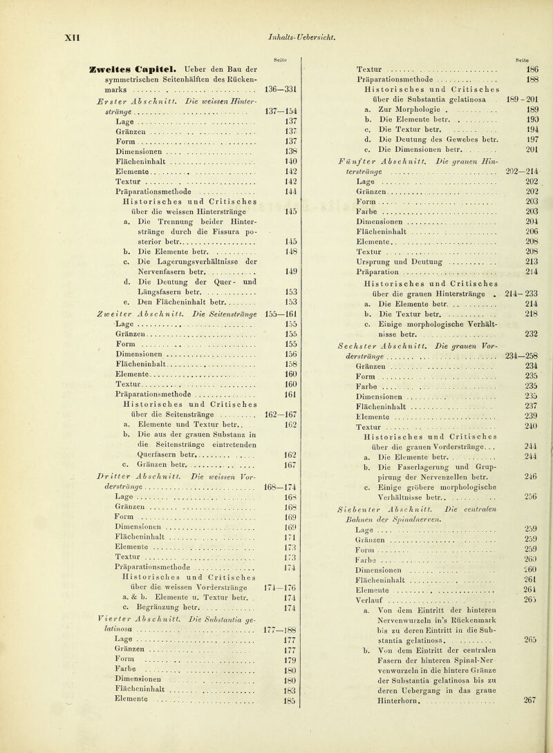 Zweites Capitel. lieber den Bau der symmetrischen Seitenhälften des Rücken- marks 136—331 Erster Ah s cJinitt. Die iveissen Hinter- stränge 137—154 Lage 137 Gränzeu 137 Form 137 Dimensionen 138 Flächeninhalt 140 Elemente 142 Textur 142 Präparationsmethode 144 Historisches und Critisches über die weissen Hinterstränge 145 a. Die Trennung beider Hinter- stränge durch die Fissura po- sterior betr 145 b. Die Elemente betr 148 c. Die Lageruugsverhältnisse der Nervenfasern betr. 149 d. Die Deutung der Quer- und Längsfasern betr 153 e. Den Flächeninhalt betr 153 Zweiter Abschnitt. Die Seitenstränge 155—161 Lage 155 Gränzen 155 Form 155 Dimensionen 156 Flächeninhalt 158 Elemente 160 Textur 160 Präparationsmethode 161 Historisches und Critisches über die Seitenstränge 162—167 a. Elemente und Textur betr.. . . 1G2 b. Die aus der grauen Substanz in die Seitenstränge eintretenden Querfasern betr, 162 c. Gränzen betr. 167 Dritter Ab schnitt. Die iceissen Vor- derstränge 168^—174 Lage 16S Gränzen 168 Form 169 Dimensionen 169 Flächeninhalt 171 Elemente 173 Textur 173 Präparationsmethode 174 Historisches und Critisches über die weissen Vorderstränge 174—176 a. & b. Elemente u. Textur beti-. . 174 c. Begränzung betr. 174 Vierter Abschnitt. Die Suhsiantia ge- latinosa 177_l88 Lage 177 Gränzen 177 Form 179 Farbe 180 Dimensionen IgQ Flächeninhalt 183 Elemente I85 Seite Textur 186 Präparationsmethode 188 Historisches und Critisches über die Substantia gelatinosa . 189-201 a. Zur Morphologie . 189 b. Die Elemente betr 190 c. Die Textur betr. 194 d. Die Deutung des Gewebes betr. 197 e. Die Dimensionen betr. 201 Fünfter Abschnitt, Die grauen Hin- terstränge 202—214 Lage 202 Gränzen 202 Form 203 Farbe 203 Dimensionen 204 Flächeninhalt 206 Elemente 208 Textur 208 Ursprung und Deutung 213 Präparation 214 Historisches und Critisches über die grauen Hinterstränge , 214— 233 a. Die Elemente betr 214 b. Die Textur betr. 218 c. Einige morphologische Verhält- nisse betr 232 Sechster Abschnitt, Die grauen Vor- derstränge 234—258 Gränzen 234 Form 235 Farbe 235 Dimensionen 235 Flächeninhalt 237 Elemente 239 Textur 240 Historisches und Critisches über die grauen Vorderstränge. . . 244 a. Die Elemente betr 244 b. Die Faserlagerung und Grup- pirung der Nervenzellen betr. 246 c. Einige gröbere morphologische Verhältnisse betr . 256 Siebenter Abschnitt. Die centralen Bahnen der Spinalnerven. Lage 259 Gränzen 259 Form 259 Farbe 260 Dimensionen 260 Flächeninhalt 261 Elemente 264 Verlauf 263 a. Von dem Eintritt der hinteren Nervenwurzeln in's Rückenmark bis zu deren Eintritt in die Sub- stantia gelatinosa. 265 b. Von dem Eintritt der centralen Fasern der hinteren Spinal-Ner- venwurzeln in die hintere Gränze der Substantia gelatinosa bis zu deren Uebergang in das graue Hinterhorn. 267