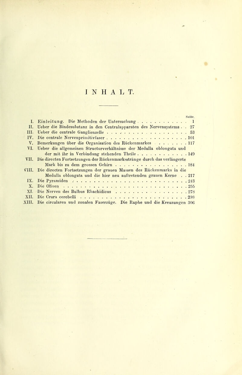 I N H A L 1\ Seite. I. Einleitung. Die Methoden der Untersuchung 1 II. Ueber die Bindesuhstanz in den Centraiapparaten des Nervensystems . . 27 III. Ueber die centrale Ganglienzelle . . . 53 IV. Die centrale Nervenprimitivf'aser 101 V. Bemerkungen über die Organisation des Rückenmarkes 117 VI. Ueber die allgemeinen Structurverhältnisse der Medulla oblongata und der mit ihr in Verbindung stehenden Theile 149 VII. Die directen Fortsetzungen der Rückenmarksstränge durch das verlängerte Mark bis zu dem grossen Gehirn 184 S'III. Die directen Fortsetzungen der grauen Massen des Rückenmarks in die Medulla oblongata und die hier neu auftretenden grauen Kerne . .217 IX. Die Pyramiden .• 243 X. Die Oliven 255 XI. Die Nerven des Bulbus Rhachidicus 278 XII. Die Crura cerebelli 298 XIII. Die circularen und zonalen Faserzüge. Die Raphe und die Kreuzungen SOG