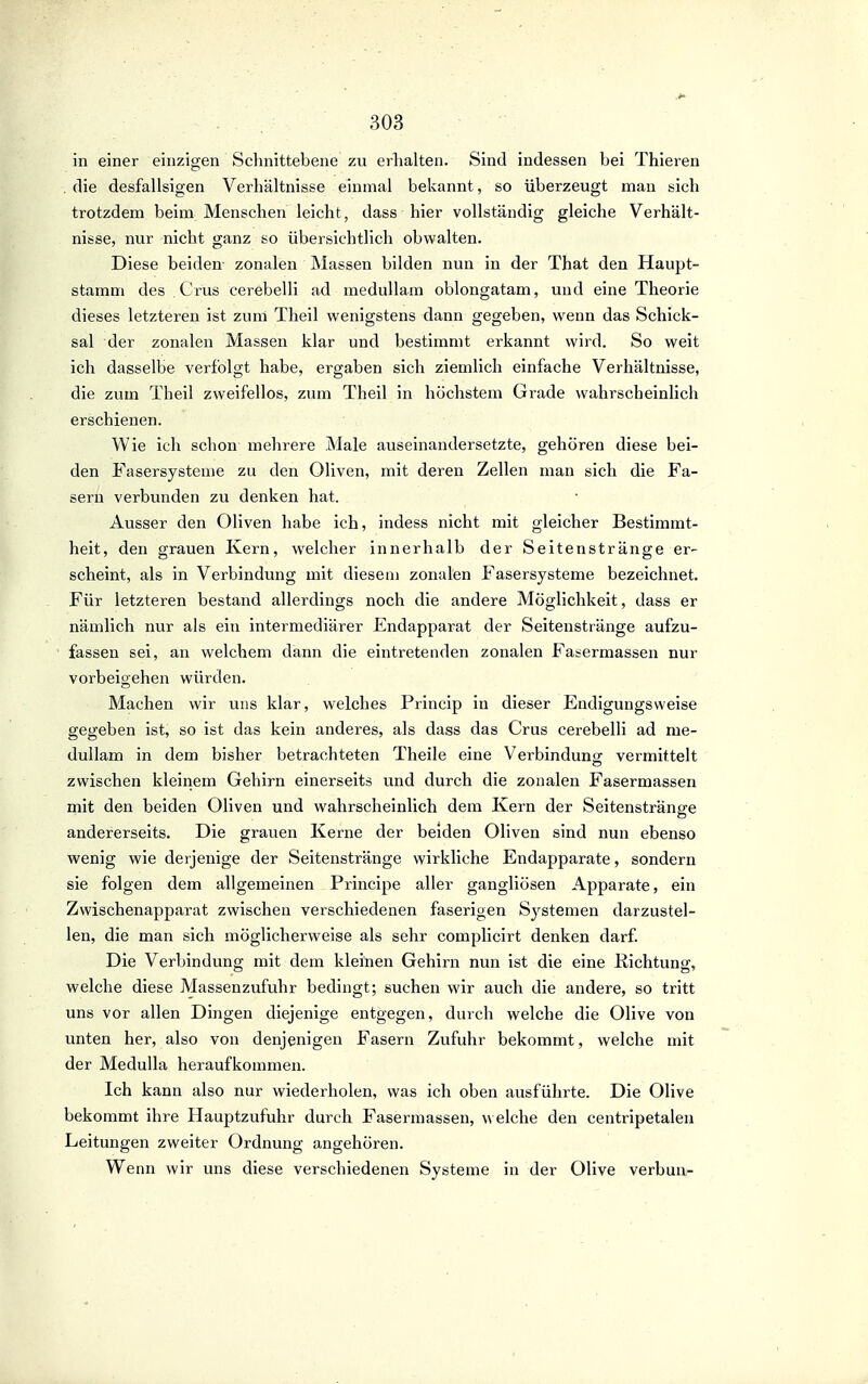 803 in einer einzigen Schnittebene zu erhalten. Sind indessen bei Thieren . die desfallsigen Verhältnisse einmal bekannt, so überzeugt man sich trotzdem beim Menschen leicht, dass hier vollständig gleiche Verhält- nisse, nur nicht ganz so übersichtlich obwalten. Diese beiden- zonalen Massen bilden nun in der That den Haupt- stamm des Crus cerebelli ad medullam oblongatam, und eine Theorie dieses letzteren ist zum Theil wenigstens dann gegeben, wenn das Schick- sal der zonalen Massen klar und bestimmt erkannt wird. So weit ich dasselbe verfolgt habe, ergaben sich ziemlich einfache Verhältnisse, die zum Theil zweifellos, zum Theil in höchstem Grade wahrscheinlich erschienen. Wie ich schon mehrere Male auseinandersetzte, gehören diese bei- den Fasersystenie zu den Oliven, mit deren Zellen man sich die Fa- sern verbunden zu denken hat. Ausser den Oliven habe ich, indess nicht mit gleicher Bestimmt- heit, den grauen Kern, welcher innerhalb der Seitenstränge er- scheint, als in Verbindung mit diesem zonalen Fasersysteme bezeichnet. Für letzteren bestand allerdings noch die andere Möglichkeit, dass er nämlich nur als ein intermediärer Endapparat der Seitenstränge aufzu- fassen sei, an welchem dann die eintretenden zonalen Fasermassen nur vorbeigehen würden. Machen wir uns klar, welches Princip in dieser Endigungsweise gegeben ist, so ist das kein anderes, als dass das Crus cerebelli ad me- dullam in dem bisher betrachteten Theile eine Verbindung: vermittelt zwischen kleinem Gehirn einerseits und durch die zonalen Fasermassen mit den beiden Oliven und wahrscheinlich dem Kern der Seitenstränge andererseits. Die grauen Kerne der beiden Oliven sind nun ebenso wenig wie derjenige der Seitenstränge wirkliche Endapparate, sondern sie folgen dem allgemeinen Principe aller gangliösen Apparate, ein Zwischenapparat zwischen verschiedenen faserigen S^^stemen darzustel- len, die man sich möglicherweise als sehr complicirt denken darf. Die Verbindung mit dem kleinen Gehirn nun ist die eine Richtung, welche diese Massenzufuhr bedingt; suchen wir auch die andere, so tritt uns vor allen Dingen diejenige entgegen, durch welche die Olive von unten her, also von denjenigen Fasern Zufuhr bekommt, welche mit der MeduUa heraufkommen. Ich kann also nur wiederholen, was ich oben ausführte. Die Olive bekommt ihre Hauptzufuhr durch Fasermassen, w eiche den centripetalen Leitungen zweiter Ordnung angehören. Wenn wir uns diese verschiedenen Systeme in der Olive verbun-