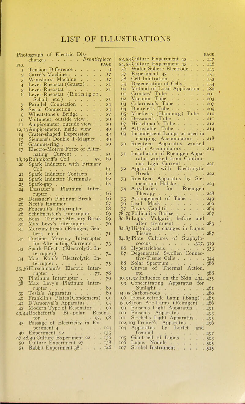 LIST OF ILLUSTRATIONS Photograph of Electric Dis- charges Frontispiece FIG. PAGE 1 Tension Difference 9 2 Carre's Machine 17 3 Wimshurst Machine .... 17 4 Lever-Rheostat (Graetz) ... 31 5 Lever-Rheostat 31 6 Lever-Rheostat (R e i n i g e r , Schall, etc.) 31 7 Parallel Connection .... 34 8 Serial Connection 34 9 Wheatstone's Bridge .... 37 10 Voltmeter, outside view ... 39 11 Amperemeter, outside view . . 39 12,13 Amperemeter, inside view . . 40 14 Crater-shaped Depression . . 43 15 Siemens's Double T-Magnet . 49 16 Gramme-ring 50 17 Electro-Motive Force of Alter- nating Current 51 18, i9Ruhmkorff's Coil ... 57, 60 20 Spark Inductor, with Primary Coil 61 21 Spark Inductor Contacts . . 62 22 Spark Inductor Terminals . . 62 23 Spark-gap 64 24. Dessauer's Platinum Inter- rupter 66 25 Dessauer's Platinum Break . . 66 26 Neef's Hammer 67 27 Foucault's Interrupter ... 68 28 Schulmeister's Interrupter . . 69 29 Boas' Turbine-Mercury-Break 69 30 Max Levy's Interrupter ... 70 31 Mercury-break (Reiniger, Geb- bert, etc.) 71 32 Turbine - Mercury Interrupter for Alternating Currents . . 73 33 Spark-Effects (Electrolytic In- terrupter) 74 34 Max Kohl's Electrolytic In- terrupter ........ 75 35,36Hirschmann's Electric Inter- rupter 77, 78 37 Platinum Interrupter .... 79 38 Max Levy's Platinum Inter- rupter 80 39 Tesla's Apparatus 89 40 Franklin's Plates (Condensers) 91 41 DArsonval's Apparatus ... 95 42 Modern Type of Resonator . . 96 43,44Rochefort's Bi - polar Resona- tor 97, 98 45 Passage of Electricity in Ex- periment 4 124 46 Experiment 22 135 47,48,49 Culture Experiment 22 . . 136 50 Culture Experiment 27 . . . 138 PAGE 52,53 Culture Experiment 43 . . . 147 54,55 Culture Experiment 43 . . . 148 56 Water-Sphere Electrode . . . 149 57 Experiment 47 151 58 Cell-Infiltration 153 59 Degeneration of Cells .... 154 60 Method of Local Application . 180 61 Crookes' Tube 201 62 Vacuum Tube 203 63 Colardeau's Tube 207 64 Ducretet's Tube 209 65 Mueller's (Hamburg) Tube . 210 66 Dessauer's Tube 211 67 Hirschman's Tube 212 68 Adjustable Tube 214 69 Incandescent Lamps as used in charging Accumulators . . 218 70 Roentgen Apparatus worked with Accumulators .... 219 71 Installation of Roentgen Appa- ratus worked from Continu- ous Light-Current .... 221 72 Apparatus with Electrolytic Break 222 73 Roentgen Apparatus by Sie- mens and Halske 223 74 Auxiliaries for Roentgen Therapy 228 75 Arrangement of Tube . . . 249 76 Lead Mask 260 77 Favus Capilitii 264 78,79 Folliculitis Barba? 267 80,81 Lupus Vulgaris, before and after treatment 283 82,83 Histological changes in Lupus Tissue 287 84,85 Plate Cultures of Staphylo- coccus 317, 319 86 Hypertrichosis 333 87 Degenerated Swollen Connec- tive-Tissue Cells 344 88 Solar Spectrum 386 89 Curves of Thermal Action, etc 388 90,91,92 Influence on the Skin 434, 435 93 Concentrating Apparatus for Sunlight 461 94,95 Carbon-rods 480 96 Iron-electrode Lamp (Bang) . 485 97,98Iron Arc-Lamp (Reiniger) . 486 99 Finsen's Light Apparatus . . 491 100 Finsen's Apparatus .... 493 101 Strebel's Light Apparatus . . 495 102,103 Trouve's Apparatus . . . 496 104 Apparatus by Lortet and Genoud 497 105 Giant-cell of Lupus .... 503 106 Lupus Nodule 505