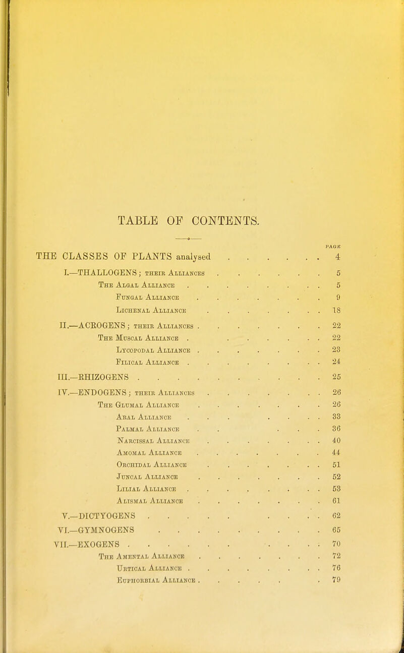 TABLE OF CONTENTS. PACK THE CLASSES OF PLANTS analysed 4 I.—THALLOGENS J theib Alliances 5 The Algal Alliance ........ 5 Fungal Alliance .9 Lichbnal Alliance 18 II. —ACEOGENS; THEIR Alliances 22 The Moscal Alliance . ...... 22 Ltcopodal Alliance ....... 23 Filioal Alliance . . . . . . . . 24 III. —KHIZOGENS 25 IV. —ENDOGENS ; thbik Alliances 26 The Glumal Alliance . . . . . . .26 Aral Alliance ... .... 33 Palmal Alliance . . ... 36 Narcissal Alliance . . . . . . . 40 Amomal Alliance . 44 Orchidal Alliance . . . . . . . 51 Junoal Alliance ....... 52 LiLiAL Alliance . . . . . . . . 53 Alismal Alliance ....... 61 v.—DICTYOGENS .... 62 VI.—GYMNOGENS 65 VII.—EXOGENS .... 70 The Amental Alliance 72 TJrtical Alliance . . . . . . . . 76 EupHORBiAL Alliance ..... .79