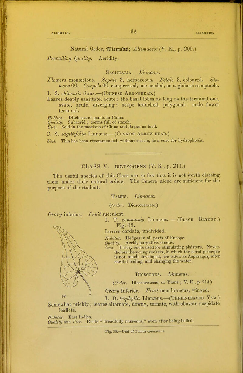 Natural Order, '31tsmatrs; Alismacece (V. K., p. 209.) Prevailing Quality. Acridity. Sagittaeia. Linnceus. Flowers moncecious. Sepals 3, herbaceous. Petals 3, coloured. 'Sta- mens 00. Carpels 00, compressed, one-seeded, on a globose receptacle. 1. S. chinensis Sims.—(Chinese Arrowhead.) Leaves deeply sagittate, acute; the basal lobes as long as the terminal one, ovate, acute, diverging; scape branched, polygonal; male flower terminal. Hahitat, Ditches and ponds in China. Quality. Subacrid ; corms full of starch. Uses. Sold in the markets of China and Japan as food. 2. S. sagittifolia Linnaeus.—(Common Arrow-head.) Uses, This has been recommended, without reason, as a cure for hydrophobia. CLASS V. DICTYOGENS (V. K., p. 211.) The useful species of this Class are so few that it is not worth classing them under their natural orders. The Genera alone are sufficient for the purpose of the student. Ovary inferior. Tamcs. Linnceus. {Order. Dioscoreaeese.) Fruit succulent. 1. T. communis Linnaeus. Fig. 98. Leaves cordate, undivided. — (Black Bryony.) Habitat. Hedges in all parts of Europe. Quality. Acrid, purgative, emetic. Uses. Fleshy roots used for stimulating plaisters. Never- theless the young suckers, in which the acrid principle is not much developed, are eaten as Aspai-agus, after careful boiling, and changing the water. DioscoREA. Linnceus. (Order. Dioscoreace£B, or Yams ; V. K., p. 214.) Ovary inferior. Fruit membranous, winged. 1. D. triphylla Linnaeus.—(Three-leaved Yam.) Somewhat prickly ; leaves alternate, downy, ternate, with obovate cuspidate leaflets. JIahitat. East Indies. Qmlity and Uses. Roots « dreadfully nauseous, even after bemg boiled. Fig, 98.—Leaf of Tamus communis.