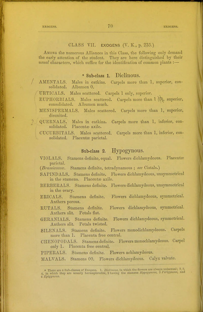 CLASS VII. EXOGENS (V. K., p. 235.) Among tlie numerous Alliances in this Class, the following only demand the early attention of the student. They are here distinguished by their usual characters, which suffice for the identification of common plants :— * Sub-class 1. Diclinous, AMENTALS. Males in catkins. Carpels more than 1, superior, con- solidated. Albumen 0. URTICALS. Males scattered. Carpels 1 only, superior. ETJPHORBIALS. Males scattered. Carpels more than 1 superior, consolidated. Albumen much. MENISPERMALS. Males scattered. Carpels more than 1, superior, disunited. QUERNALS. Males in catkins. Carpels more than 1, inferior, con- solidated. Placentae axile. CUCURBITALS. Males scattered. Carpels more than 1, inferior, con- solidated. Placentas parietal. Sub-class 2. Hypogynous. VIOLALS. Stamens definite, equal. Flowers dichlamydeous. Placentas parietal. (^Brassicaceos. Stamens definite, tetradynamous ; see Cistals.) SAPINDALS. Stamens definite. Flowers dichlamydeous, unsymmetrical in the stamens. Placentae axile. BE RBE RAL S. S tamens definite. Flowers dichlamydeous, unsymmetrical in the ovary, ERICALS. Stamens definite. Flowers dichlamydeous, symmetrical. Anthers porous. RUTALS. Stamens definite. Flowers dichlamydeous, symmetrical. Anthers slit. Petals flat. GERANIALS. Stamens definite. Flowers dichlamydeous, symmetrical. Anthers slit. Petals twisted. SILENALS. Stamens definite. Flowers monodichlamydeous. Carpels more than 1. Placenta free central. CHENOPODALS. Stamens definite. Flowers monochlamydeous. Carpel only 1. Placenta free central. PIPERALS. Stamens definite. Flowers achlamydeous. MALVALS. Stamens GO. Flowers dichlamydeous. Calyx valvate. * There are 4 Sub-classes of Exogens. 1. Diclinous, in which the flowers are always jinise.timl; 2, n 4, in which they are usually hermaphrodite, 2 having the stamens Hypogynous, 3 1 engynous, and 4 Epigynous.